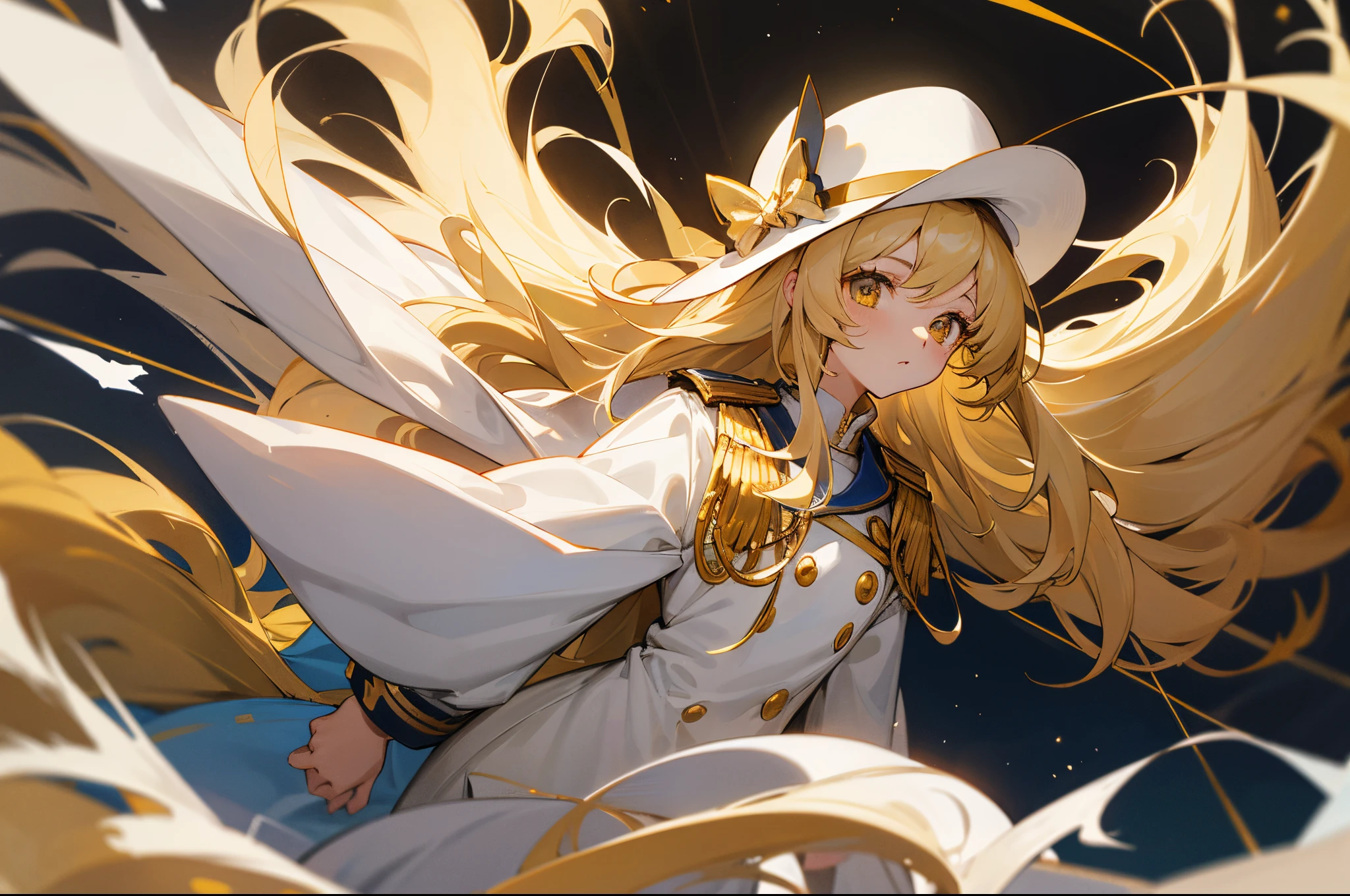 s girl，golden hair，long whitr hair，Messy hair，Golden eyes，incredulous，White wide-brimmed hat，White navy uniform，golden bow，White coat above the waves，starrysky，incredulous，Super ancient