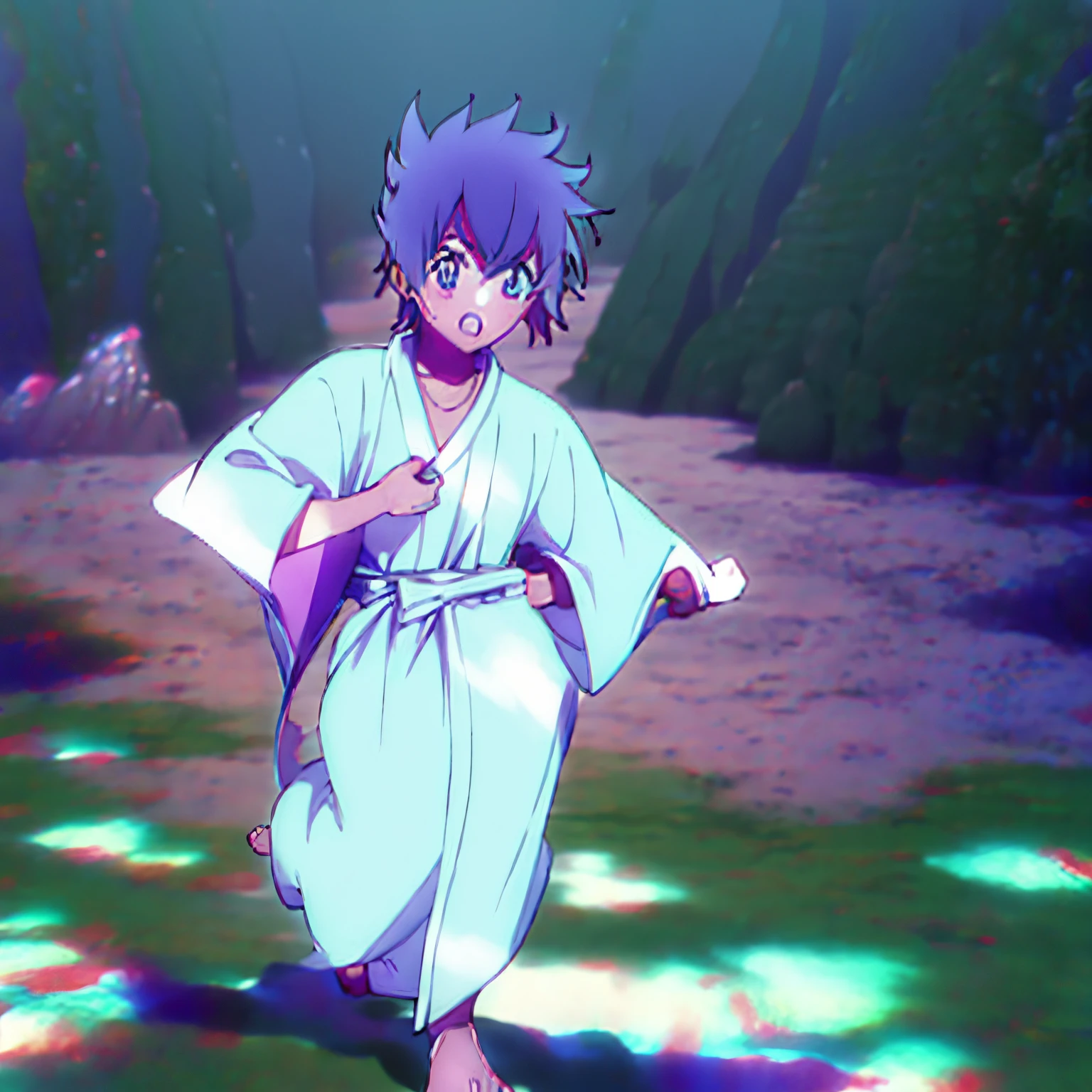 Facing the front、Purple hair、Japanese dress、bathrobe