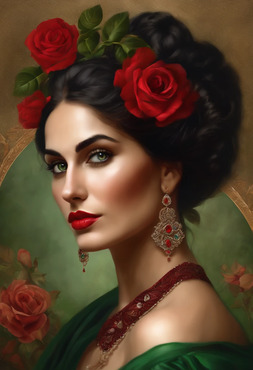 Painting of ((a gypsy woman of rare beauty)), ((with expressive green eyes)), sexy and red mouth, ((rounded and beautiful face)), black hair, hair in a voluminous Spanish bun, sexy and sensual, cheerful and seductive woman with a panther look, red dress with ruffles and embroidery, Victorian Era style, surrounded by roses, a Goddess of beauty, portrait of a Goddess, In Bowater art style, Renaissance digital painting, in digital painting style, digital fantasy portrait, elegant digital painting, portrait fantasy art, fantasy portrait, inspired by Dante Gabriel Rossetti, baroque digital painting, digital painting art, Beautiful Art UHD 4K, beautiful fantasy portrait