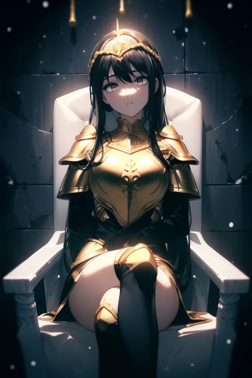 ((Obra maestra, La mejor calidad, ultrahigh resolution)), (((a girl in a suit of golden armor, sitting with her legs crossed on a throne))), ((((soldier, clad in golden steel armor, golden plate armor)))), (((wearing golden roman helmet, closed golden roman helmet))), (((fierce))), (((black hair, dark black hair))), long hair cut, pale skin, ((brown eyes)), glowing_eyes, neon eyes, (ultra detailed eyes:0.7, beautiful and detailed face, detailed eyes:0.9), ((centered)), smile, ((wide shot)), facing viewer, eye level, ((vibrant background, snowy landscape, cityscape, snowing, snow)), flat chested, looking at viewer, ((half closed eyes)), ((perfect hands)), (((head:1, arms, hips, elbows, in view))), ((hands behind back)), empty eyes, beautiful lighting, outside, outdoors, background, defined subject, 25 years old, (head tilt)