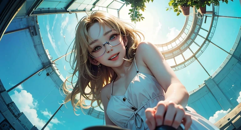 ( Masterpiece, best quality , shot from below , 75mm lens, fisheye:1.2 ), ((pov from below:1.4)), (( beautiful, luxurious, greenhouse dome:1.5, glass panels, plants of colours, vibrant , extreme high detailed, intricate details )). ( 1woman_/(kimtaeyeon/), narrow face, strong jaw, [plump cheeks], transparent round glasses, dark hair with blonde highlights, loving smile, beautiful eyes, caring smile, wearing beach summer ootd ), ( cinematic lighting, backlit, soft light)