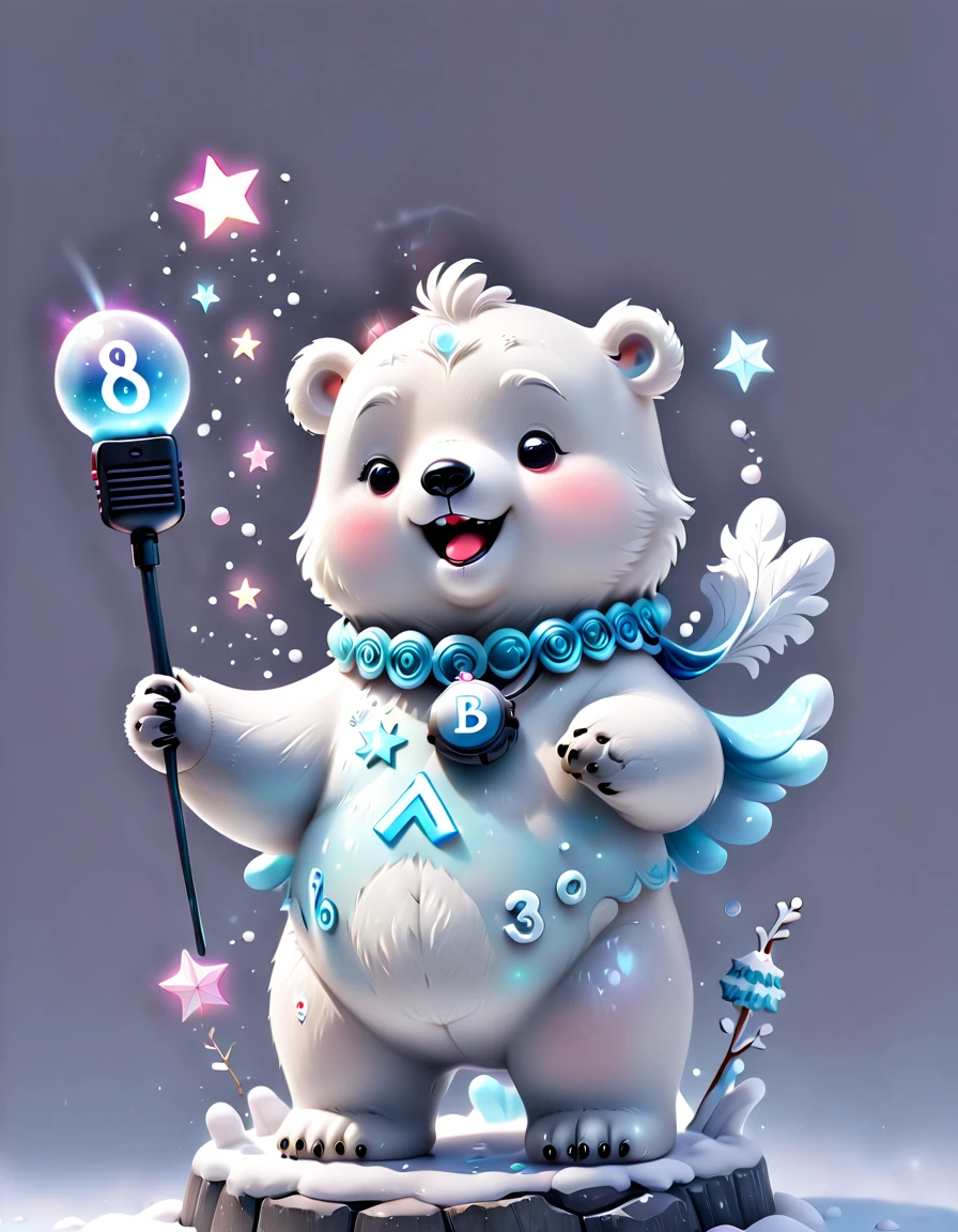 chalk gray style, ((1 glowing magical cute Christmas polar bear))，((Singing with a microphone)), ((Syllable symbols floating in the air))，Christmas elements，Snowy days，8K,Irridescent color, kawaii, cute big breasts, number art, high qulity, The is very detailed, 3Drenderingof，vivd colour，Minimalist style，Disney  style，translucent