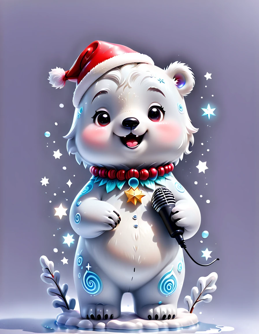 chalk gray style, ((1 glowing magical cute Christmas polar bear)),((Singing with a microphone)), ((Syllable symbols floating in the air)),Christmas elements,Snowy days,8K,Irridescent color, kawaii, cute big breasts, number art, high qulity, The is very detailed, 3Drenderingof,vivd colour,Minimalist style,Disney style,translucent