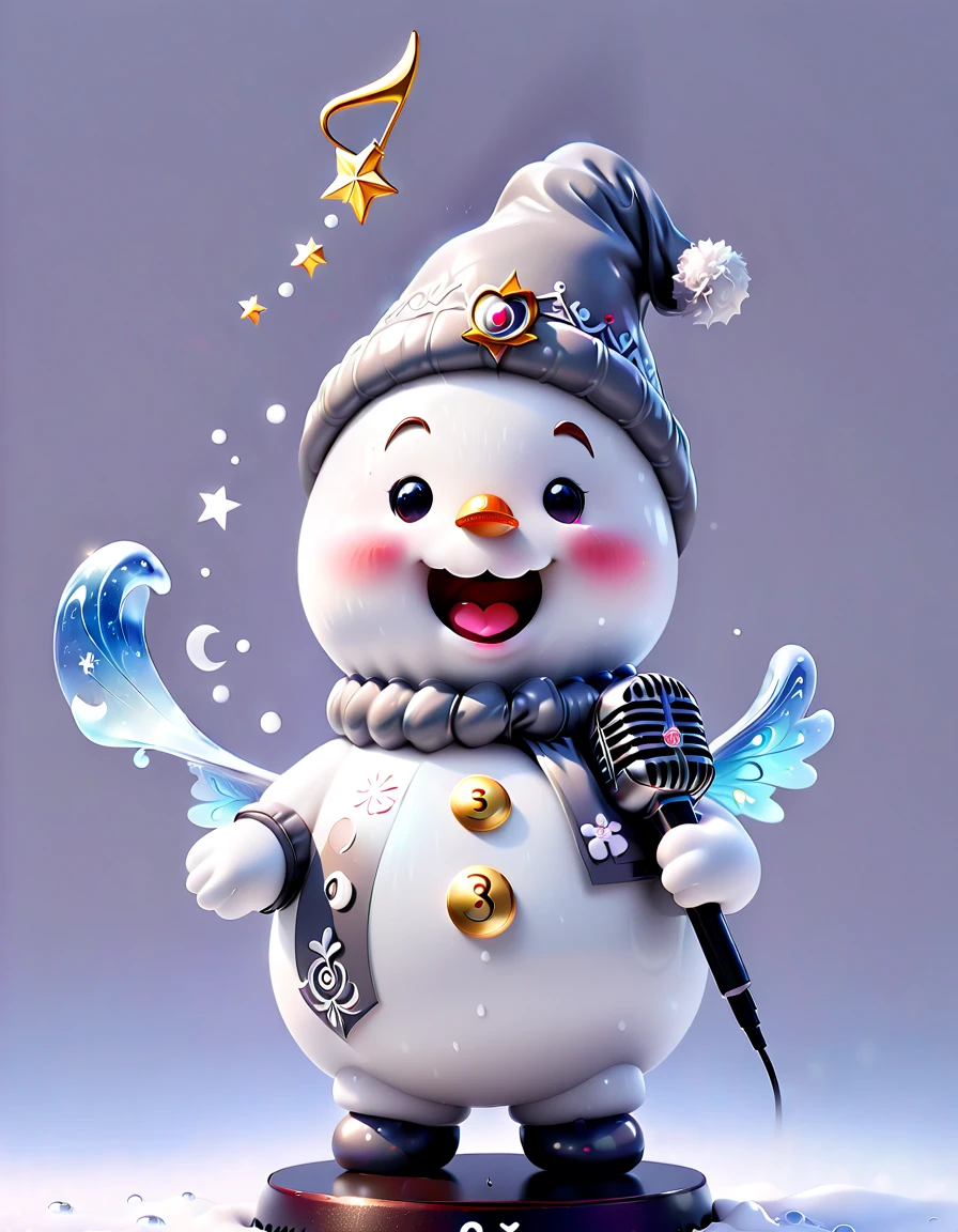 chalk gray style, ((1 glowing magical and cute Christmas snowman))，((Singing with a microphone)), ((Syllable symbols floating in the air))，Christmas elements，Snowy days，8K,Irridescent color, kawaii, cute big breasts, number art, high qulity, The is very detailed, 3Drenderingof，vivd colour，Minimalist style，Disney  style，translucent