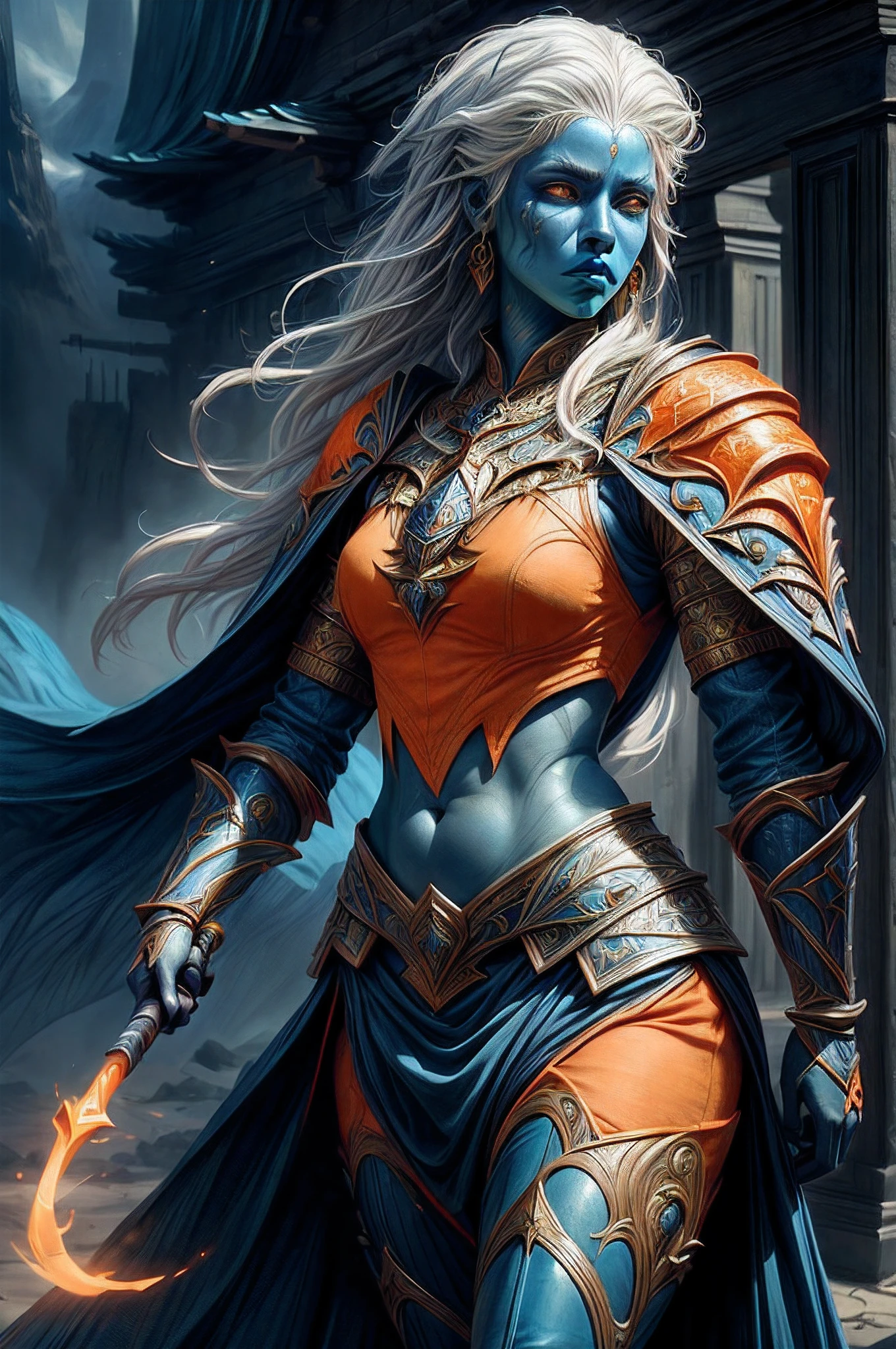 fantasy art, dnd art, RPG art, drkfntasy wide shot, (masterpiece: 1.4) portrait, intense details, highly detailed, photorealistic, best quality, highres, portrait a vedalken female (fantasy art, Masterpiece, best quality: 1.3) (blue colored skin: 1.3), intense details facial details, exquisite beauty, (fantasy art, Masterpiece, best quality)cleric, (blue colored skin: 1.3) 1person blue_skin, (white hair: 1.3), long hair, intense green eye, fantasy art, Masterpiece, best quality) armed a fiery sword red fire, wearing heavy (white: 1.3) half plate mail armor LnF wearing high heeled laced boots, wearing an(orange :1.3) cloak, wearing glowing holy symbol GlowingRunes_yellow, within fantasy temple background, reflection light, high details, best quality, 16k, [ultra detailed], masterpiece, best quality, (extremely detailed), close up, ultra wide shot, photorealistic, RAW, fantasy art, dnd art, fantasy art, realistic art