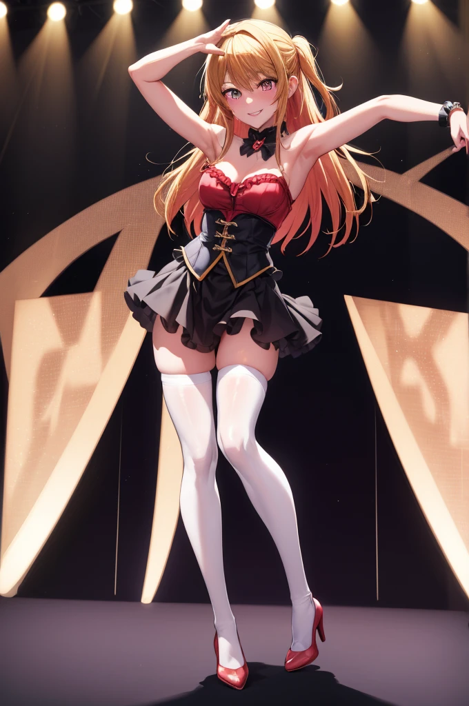 anime, beautiful face, highly detailed face, detailed perfect eyes, perfect hair, perfect lips, accurate arms, accurate hands, perfect legs accurate footware. highly detailed background, front lighting, perfect lighting, full body, 1girl, solo, ruby hoshino, ruby, oshi no ko, heels, blonde hair, thighhighs, stockings, absurdres, high res, ultrasharp, 8K, masterpiece, looking at viewer, (sexy pose:1.5), (full body:1.5), idol outfit, idol, revealing idol, skirt, cleavage, stockings, dynamic pose, full of delight, smiling full of compassion, blushed, on a stage, concert, performing on stage, cute gestures