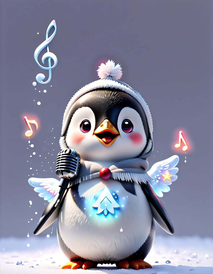 chalk gray style, ((1 glowing magical and cute little Christmas penguin))，((Singing with a microphone)), ((Syllable symbols floating in the air))，Christmas elements，Snowy days，8K,Irridescent color, kawaii, cute big breasts, number art, high qulity, The is very detailed, 3Drenderingof，vivd colour，Minimalist style，Disney  style，translucent