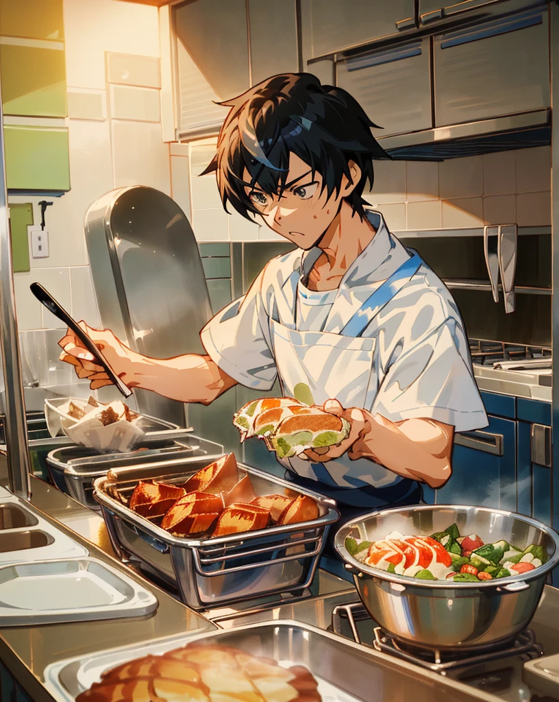 anime anime kitchen scene preparing food in a kitchen, sakimichan and makoto shinkai, yusuke murata and makoto shinkai, makoto shinkai art style, inspired by Tsuruko Yamazaki, guweiz and makoto shinkai, makoto shinkai style, ( ( makoto shinkai ) ), anime food