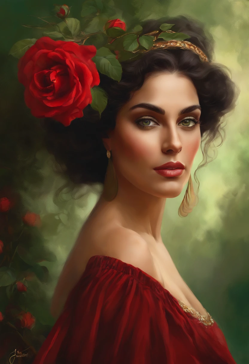 Painting of ((a gypsy woman of rare beauty)), ((with expressive green eyes)), sexy and red mouth, ((rounded and beautiful face)), black hair, hair in a voluminous Spanish bun, sexy and sensual, cheerful and seductive woman with a panther look, red dress with ruffles and embroidery, Victorian Era style, surrounded by roses, a Goddess of beauty, portrait of a Goddess, In Bowater art style, Renaissance digital painting, in digital painting style, digital fantasy portrait, elegant digital painting, portrait fantasy art, fantasy portrait, inspired by Dante Gabriel Rossetti, baroque digital painting, digital painting art, Beautiful Art UHD 4K, beautiful fantasy portrait