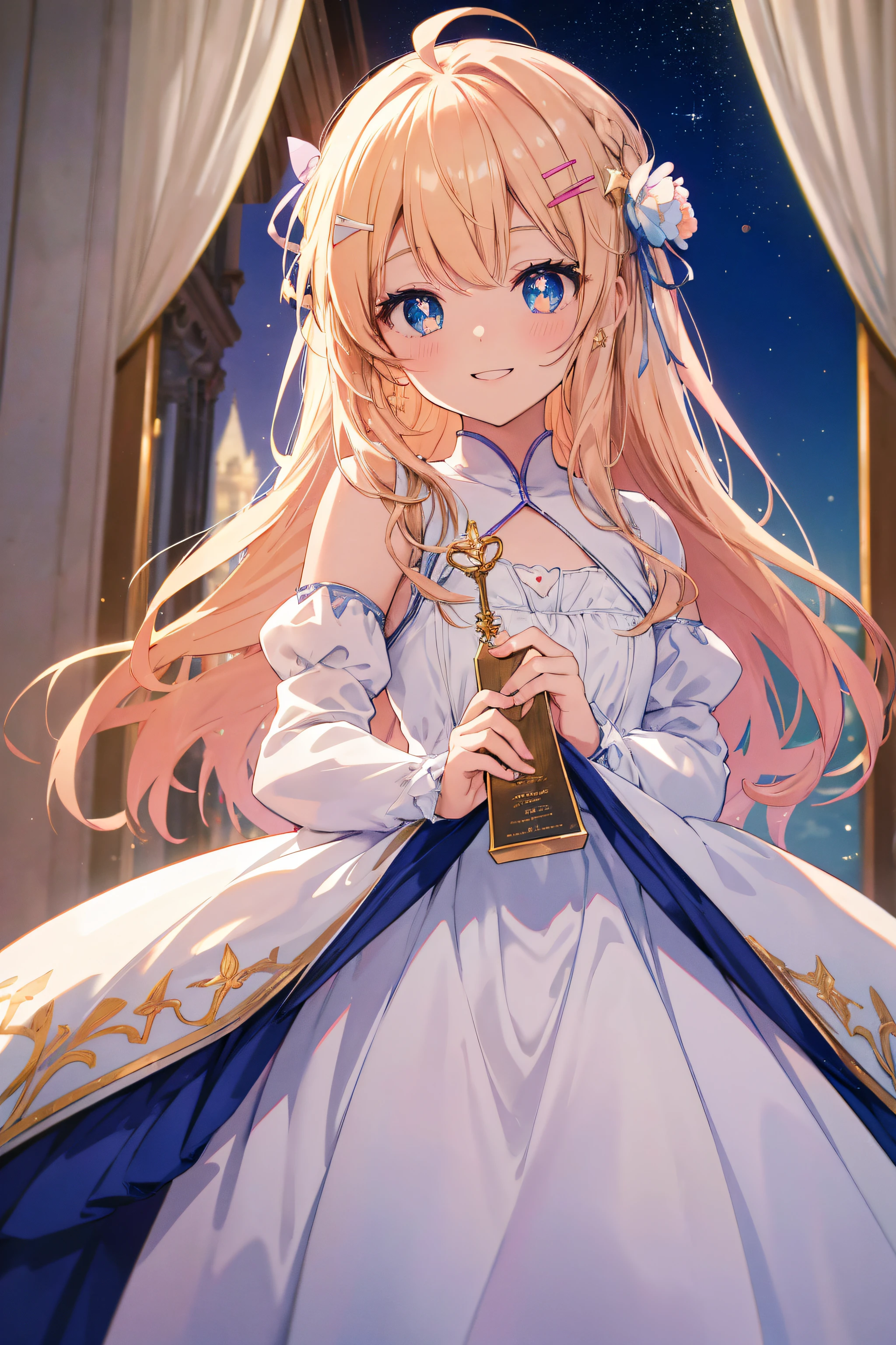 Anime, 2 femmes vêtues de tenues légères, robes en laine et coton avec petites jupes, adolescentes filles, Contexte médiéval, voir la tour de la ville à l'arrière, ahoge et cheveux longs, les yeux pétillants, pupilles enflammées, Ornements, épingles à cheveux à fleurs, Nuit, Des étoiles dans le ciel, Souriant, Grand sourire, pupilles cardiaques, Abus d’éruption de lentille, aberration chromatique, détail élevé, romantisme, sur l’art, grain du film, UHD, rétine, précis, Chef-dœudansre, anatomiquement correct, peau texturée, Super détail, high détails, de la haute qualité, Primé, meilleur qualité, Haute résolution, 16k