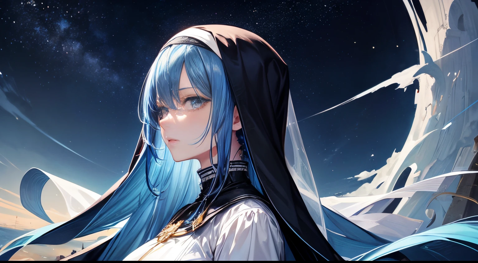 masterpiece, starry sky at the night, unlimited horizon, 1girl, proper clothing, nun, elegant, lady, mature, tall woman, (Topaz blue hair: 1.2), ruins, sky, detailed face, cute face, detailed hair