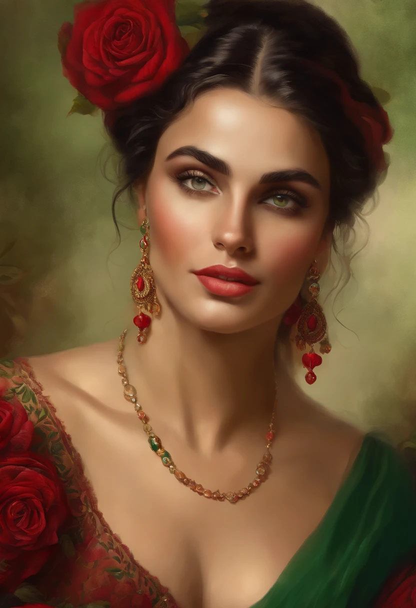 Painting of ((a gypsy woman of rare beauty)), ((with expressive green eyes)), sexy and red mouth, ((rounded and beautiful face)), black hair, hair in a voluminous Spanish bun, sexy and sensual, cheerful and seductive woman with a panther look, red dress with ruffles and embroidery, Victorian Era style, surrounded by roses, a Goddess of beauty, portrait of a Goddess, In Bowater art style, Renaissance digital painting, in digital painting style, digital fantasy portrait, elegant digital painting, portrait fantasy art, fantasy portrait, inspired by Dante Gabriel Rossetti, baroque digital painting, digital painting art, Beautiful Art UHD 4K, beautiful fantasy portrait