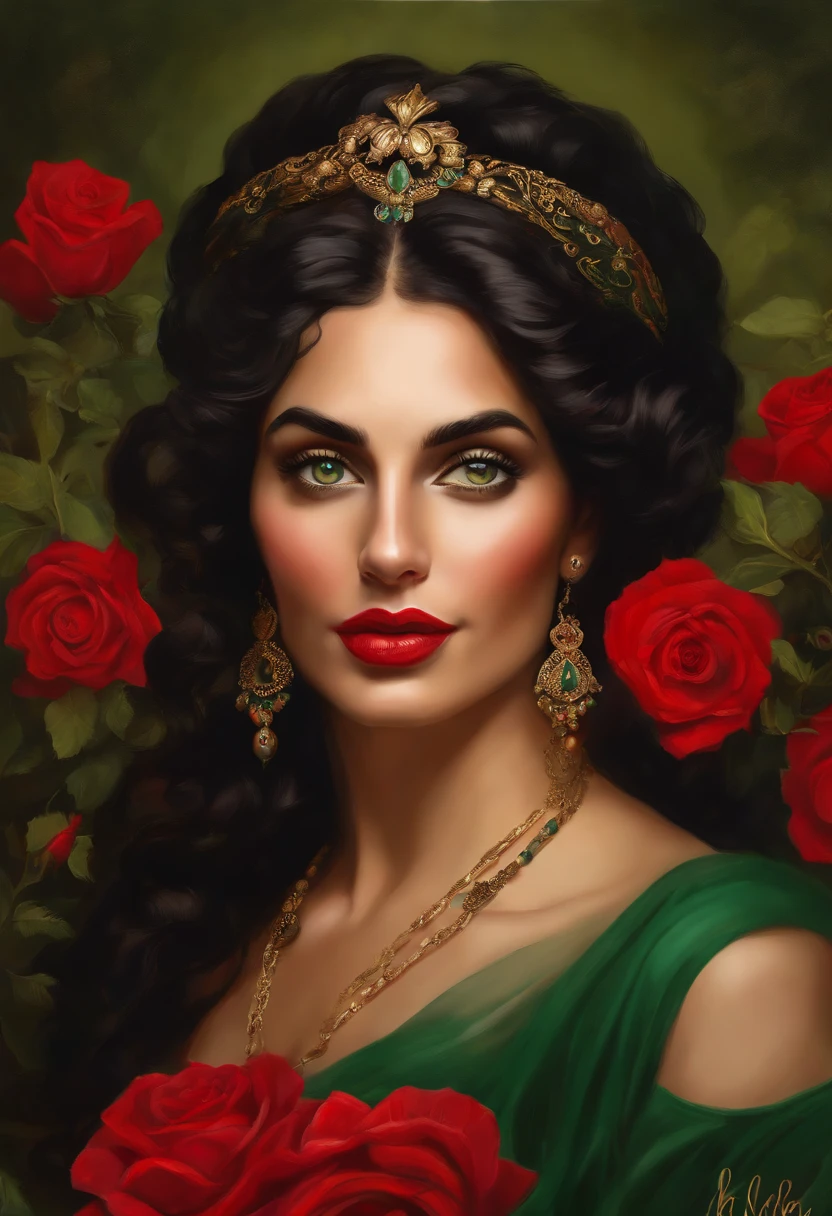 Painting of ((a gypsy woman of rare beauty)), ((with expressive green eyes)), sexy and red mouth, ((rounded and beautiful face)), black hair, hair in a voluminous Spanish bun, sexy and sensual, cheerful and seductive woman with a panther look, red dress with ruffles and embroidery, Victorian Era style, surrounded by roses, a Goddess of beauty, portrait of a Goddess, In Bowater art style, Renaissance digital painting, in digital painting style, digital fantasy portrait, elegant digital painting, portrait fantasy art, fantasy portrait, inspired by Dante Gabriel Rossetti, baroque digital painting, digital painting art, Beautiful Art UHD 4K, beautiful fantasy portrait