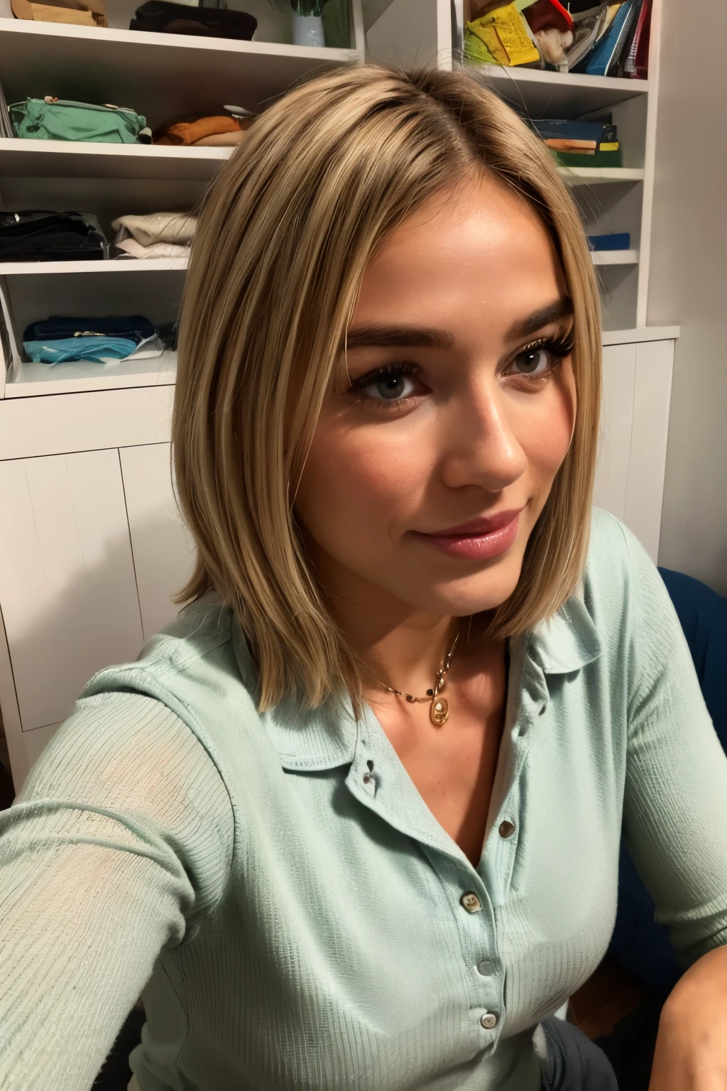 Eine junge Frau, 20 Jahre alt, Ihr Vater stammt aus Asien, ihre Mutter aus Deutschland. She is slim and has slightly tanned skin, Ihr Haar ist mittellang und dunkelblond, Ihre Augen sind blau, She has a charming smile and is small, Cute dimples, 8K, HDR