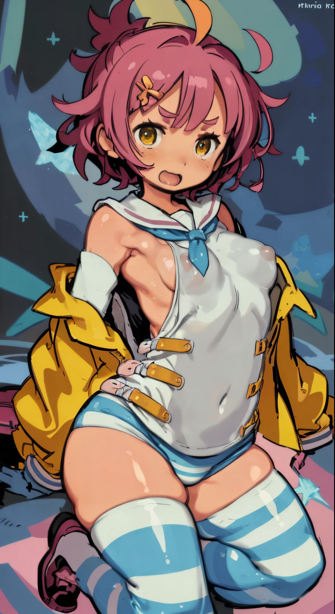 (Perfect body),Best Quality,16 K、NSFW、(((((Lori)))))、((((Short stature))))、blush、(V-shaped eyebrows)、:D、embarrassed from、((((Short hair))))、(hair messy)、waved hair、Ahoge、(Yellow eyes),((A pink-haired))、Yellow goggles on the head、Yellow Hair Clip、(School uniform)、(White knee socks)、(Pink gloves)、Yellow jacket、((light blue striped pants nipples))、(((thick thighs)))、spreading legs、Armpits、Electronic space、