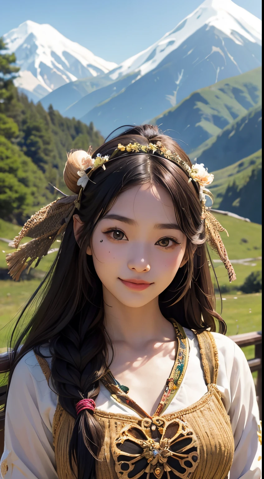 beautiful girl in a primitive wild costume made of hemp, upper body, (front face:1.2), front view, photo, an extremely delicate and beautiful, extremely detailed, Amazing, extremely detailed skin, (18 years old:1.1), cute girl, famous Japanese idol, kawaii, fair skin, shiny skin, chin thin, smile, cute, young, extremely detailed nose, extremely detailed mouth, cute face, realistic face, beautiful views, elegant atmosphere, hunting-and-gathering age