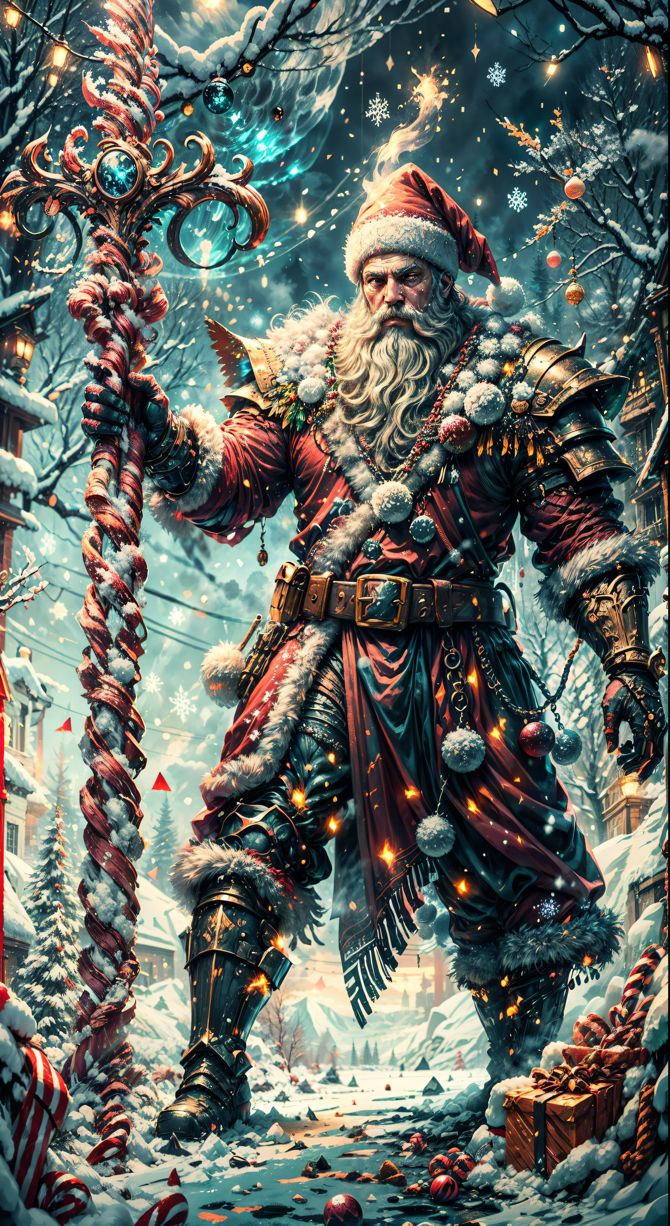 Santa Claus as the boss of the game "Dark Souls" in the Christmas DLC,best quality,4k,8k,highres,masterpiece:1.2,ultra-detailed,realistic:1.37,[HDR],[UHD],[studio lighting],extremely detailed face,beautiful detailed eyes,beautiful detailed lips,long eyelashes,[physically-based rendering],powerful physique,wearing a red and white armor suit with intricate designs,[imposing presence],holding a mighty candy cane [greatsword],surrounded by a snowy landscape,with large icicles hanging from the environment,casting a golden aura,[epic battle scene],intense fire and smoke effects,[vivid colorokeh],blue and white color scheme with hints of gold, dramatic lighting with warm highlights and cool shadows.
