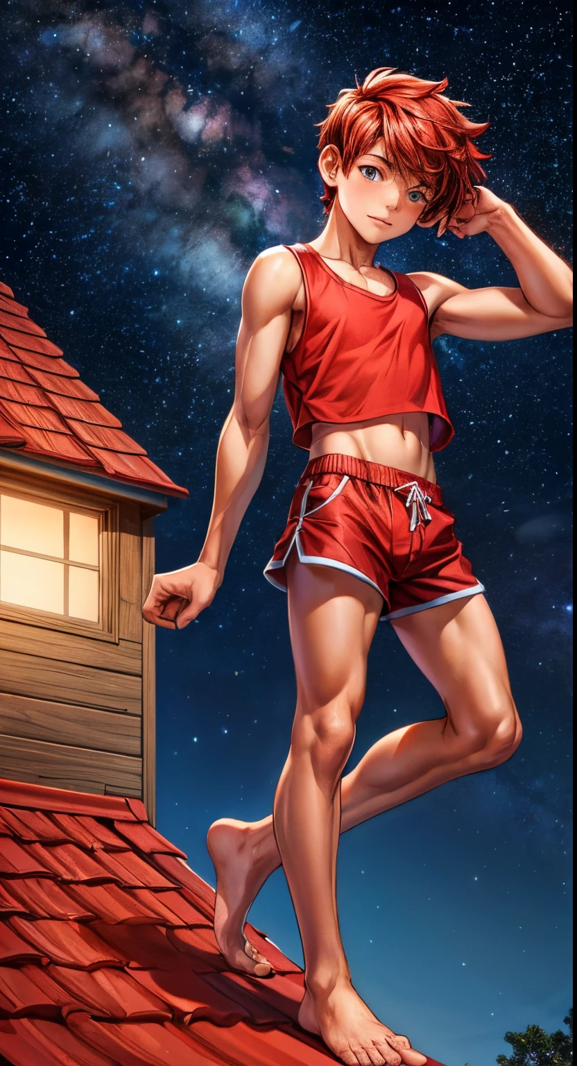 A boy  stands on the roof of a house and looks at the starry sky., he is wearing a red top and short shorts, he is barefoot, red short top, Short shorts, bare footed, bare feet, Red Top, crop-top, Short shorts