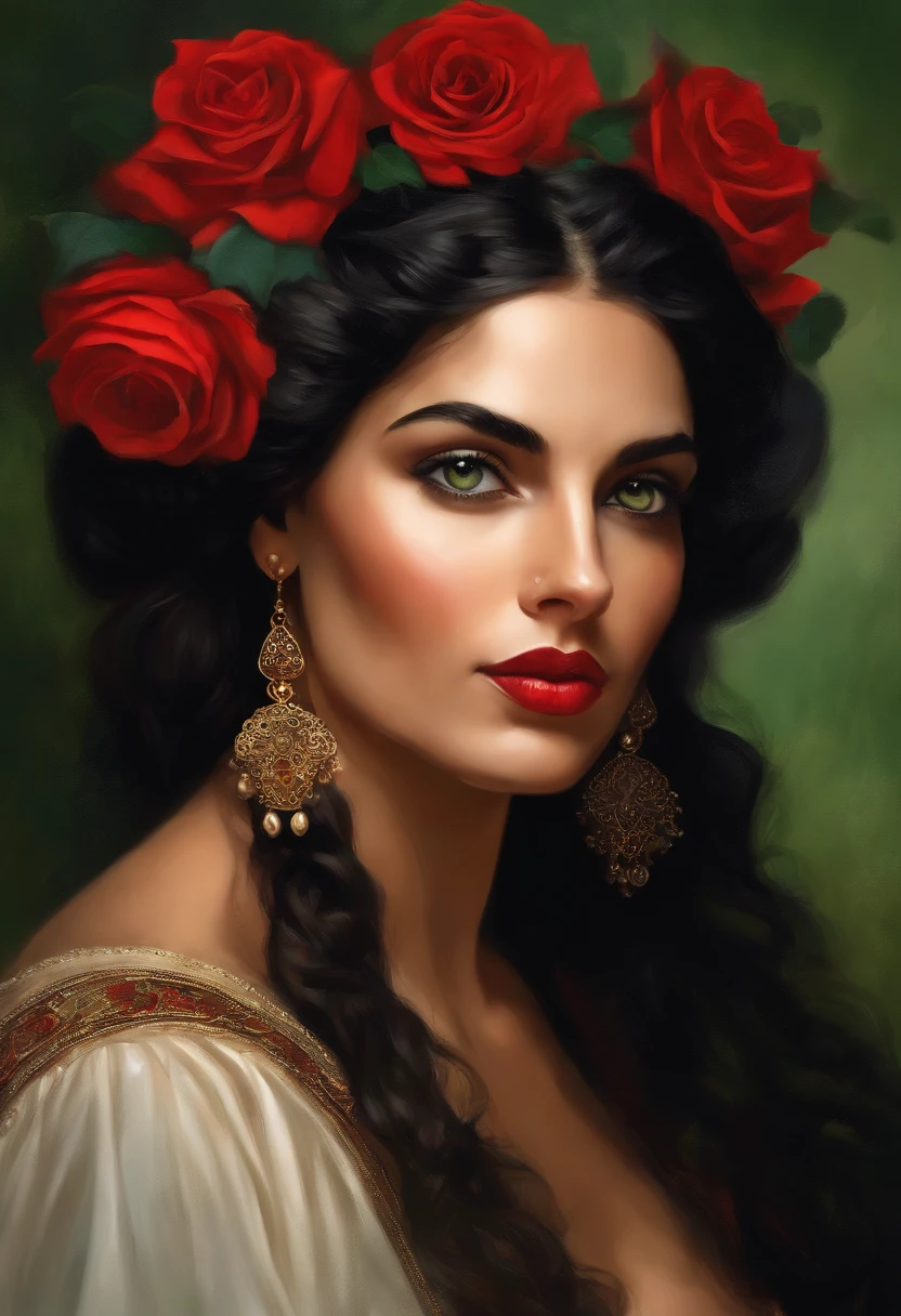 Painting of ((a gypsy woman of rare beauty)), ((with expressive green eyes)), sexy and red mouth, ((rounded and beautiful face)), black hair, hair in a voluminous Spanish bun, sexy and sensual, cheerful and seductive woman with a panther look, red dress with ruffles and embroidery, Victorian Era style, surrounded by roses, a Goddess of beauty, portrait of a Goddess, In Bowater art style, Renaissance digital painting, in digital painting style, digital fantasy portrait, elegant digital painting, portrait fantasy art, fantasy portrait, inspired by Dante Gabriel Rossetti, baroque digital painting, digital painting art, Beautiful Art UHD 4K, beautiful fantasy portrait
