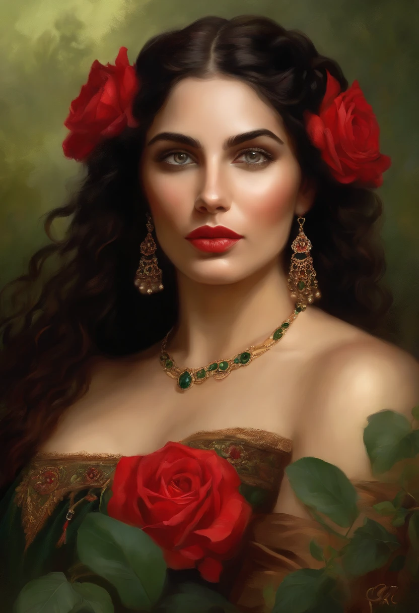 Painting of ((a gypsy woman of rare beauty)), ((with expressive green eyes)), sexy and red mouth, ((rounded and beautiful face)), black hair, hair in a voluminous Spanish bun, sexy and sensual, cheerful and seductive woman with a panther look, red dress with ruffles and embroidery, Victorian Era style, surrounded by roses, a Goddess of beauty, portrait of a Goddess, In Bowater art style, Renaissance digital painting, in digital painting style, digital fantasy portrait, elegant digital painting, portrait fantasy art, fantasy portrait, inspired by Dante Gabriel Rossetti, baroque digital painting, digital painting art, Beautiful Art UHD 4K, beautiful fantasy portrait