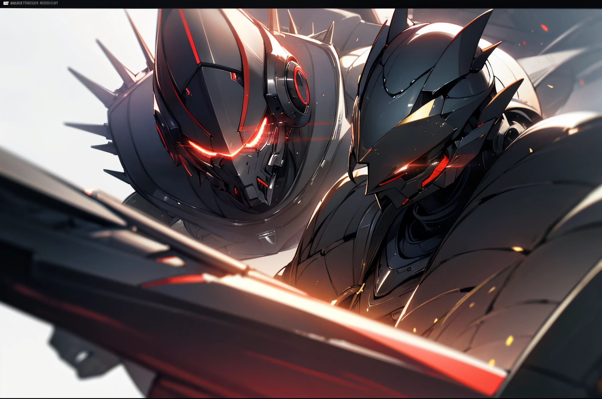 uncle,Melon seed face,warriorlack Warframe,black ankylosaurus,Spiked Black Helmet,incredulous,with short black hair,A sense of maturity,black shield,red color eyes,glowing light eyes