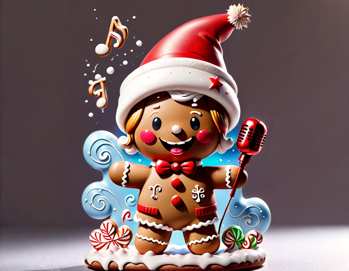 chalk gray style, ((1 glowing magical cute gingerbread man wearing a Santa hat))，((Singing with a microphone)), ((Syllable symbols floating in the air))，Christmas elements，Snowy days，8K,Irridescent color, kawaii, cute big breasts, number art, high qulity, The is very detailed, 3Drenderingof，vivd colour，Minimalist style，Disney  style，translucent
