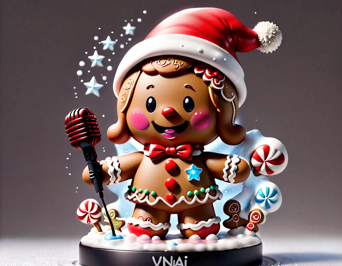 chalk gray style, ((1 glowing magical cute gingerbread man wearing a Santa hat)),((Singing with a microphone)), ((Syllable symbols floating in the air)),Christmas elements,Snowy days,8K,Irridescent color, kawaii, cute big breasts, number art, high qulity, The is very detailed, 3Drenderingof,vivd colour,Minimalist style,Disney style,translucent