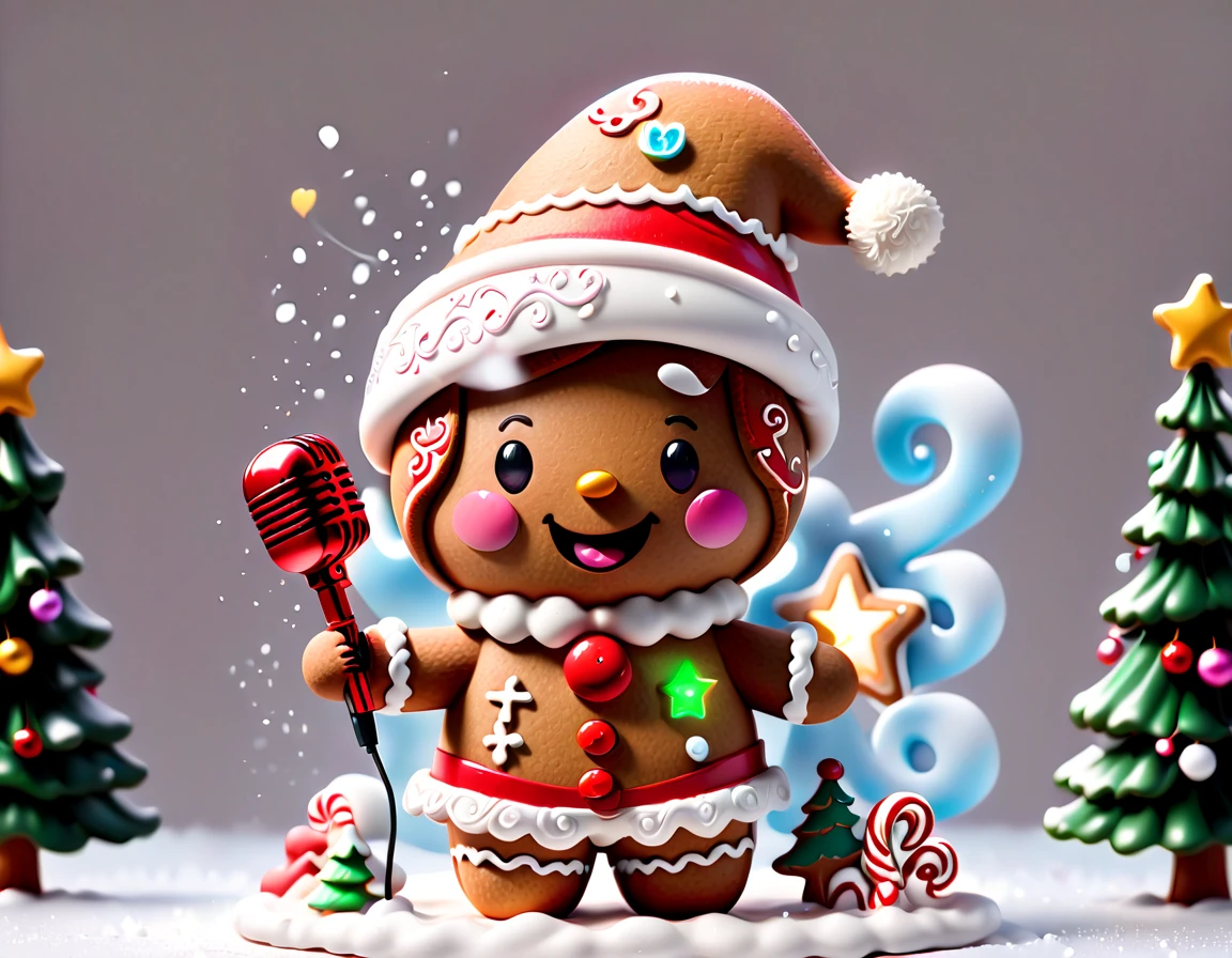 chalk gray style, ((1 glowing magical cute gingerbread man wearing a Santa hat))，((Singing with a microphone)), ((Syllable symbols floating in the air))，Christmas elements，Snowy days，8K,Irridescent color, kawaii, cute big breasts, number art, high qulity, The is very detailed, 3Drenderingof，vivd colour，Minimalist style，Disney  style，translucent