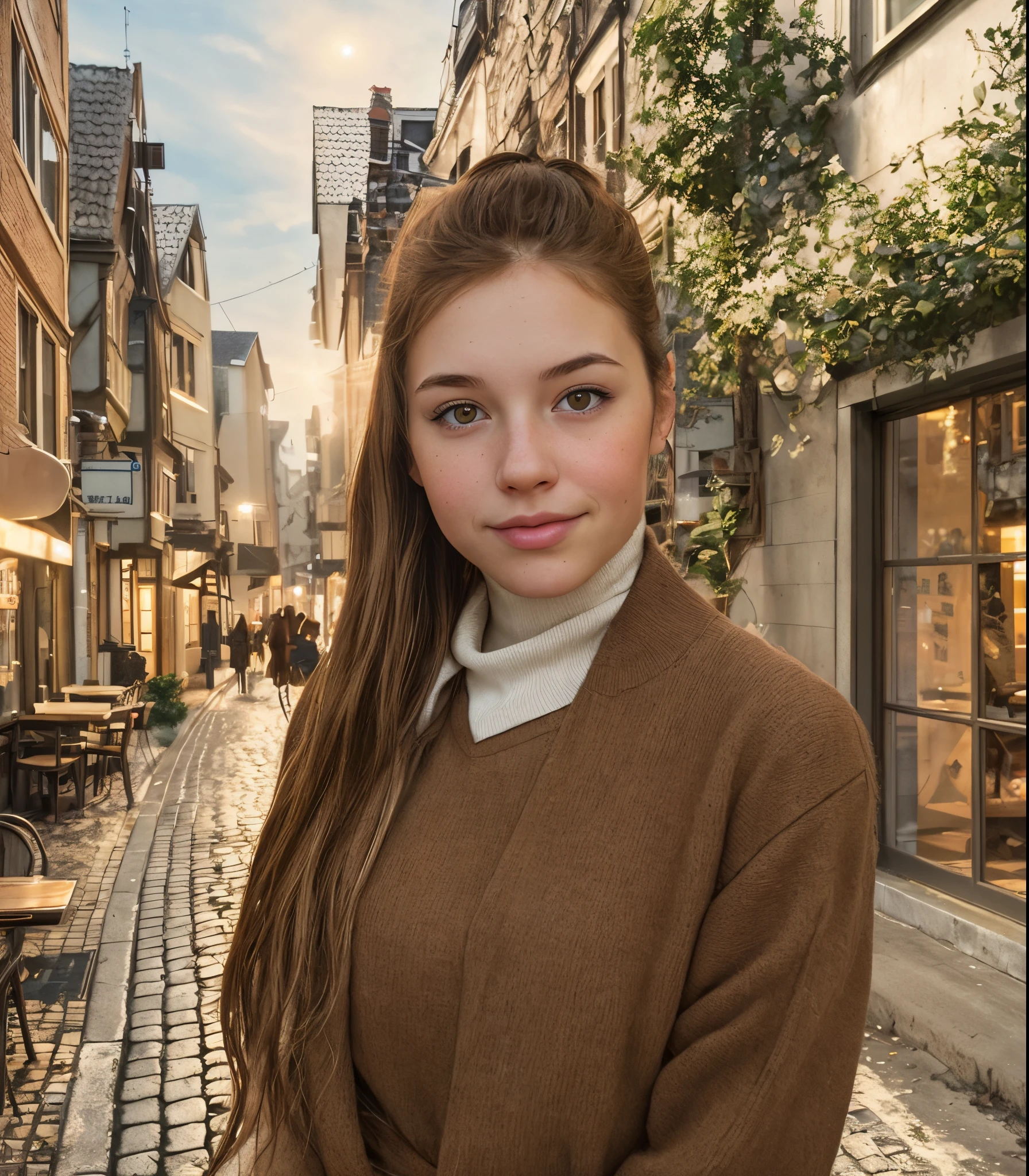 Girl with light brown hair. A cozy city street in the background