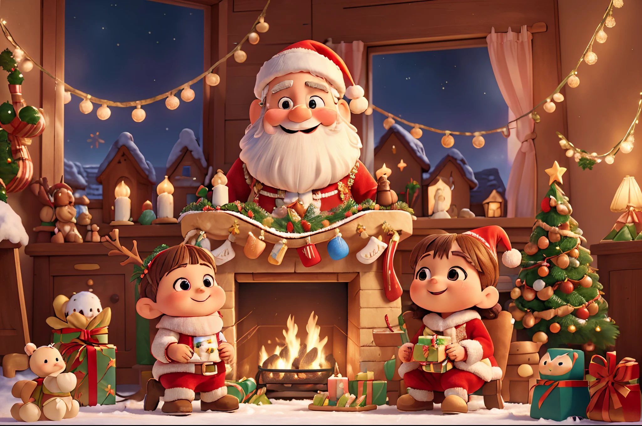 (best quality,4k,8k,highres,masterpiece:1.2),ultra-detailed,realistic,photorealistic:1.37,cute Santa Claus,joyful Christmas,happy holidays,Xmas celebration,adorable festive design,Christmas spirit,cheerful atmosphere,colorful decorations,festive mood,warm greetings,children's favorite holiday,beautifully illustrated poster,whimsical art style,happy kids opening presents,pine tree adorned with lights and ornaments,sparkling snowflakes,flying reindeer with magical sleigh,smiling Santa delivering gifts,magical winter wonderland with snow-covered houses and chimneys,wrapped presents under the tree,soft glowing lights,hot cocoa and cookies,snowman with a carrot nose,merry laughter and joy,excited children with rosy cheeks,enchanting Christmas carols,peaceful starry night,cosy fireplace with crackling fire,excitement and anticipation in the air.