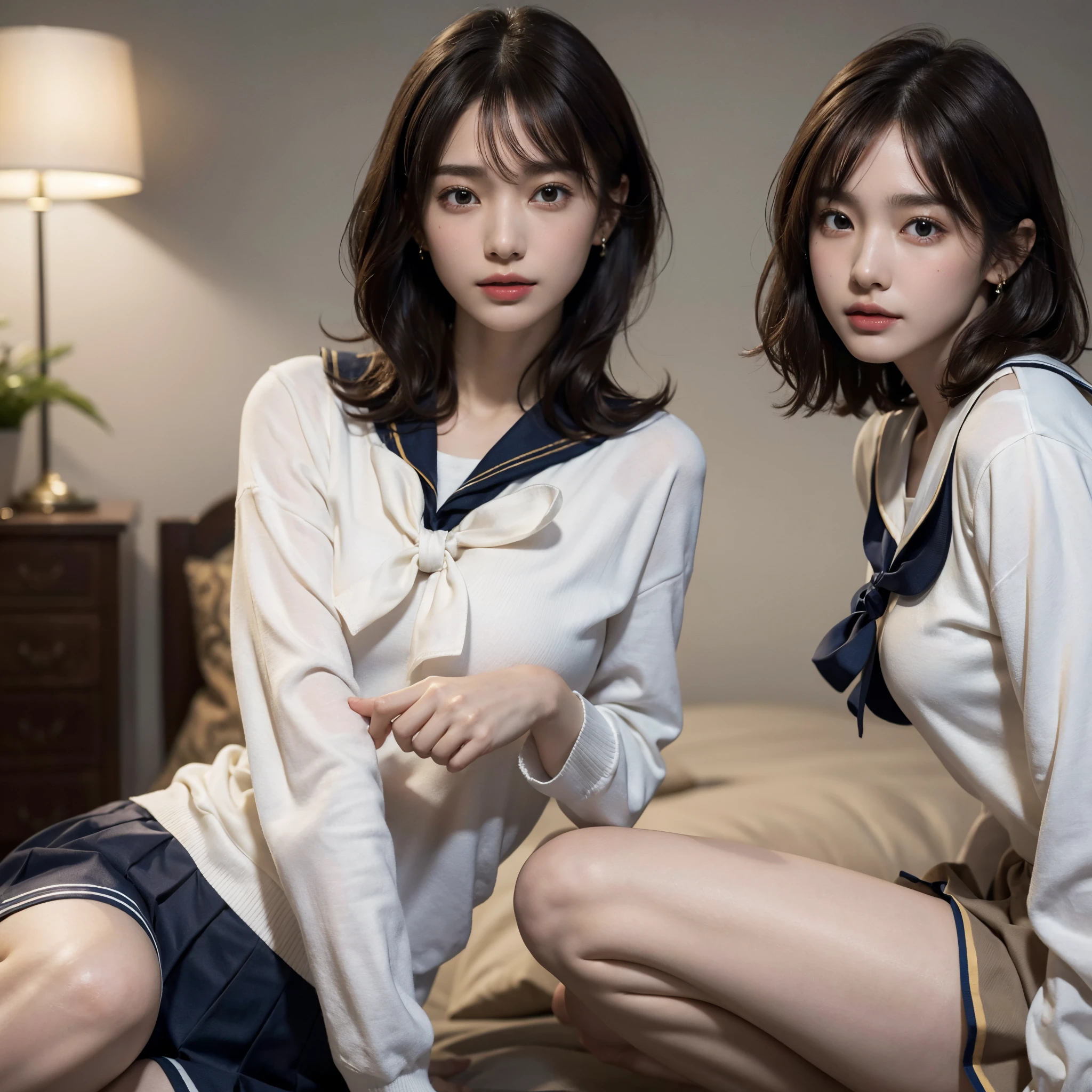 absurdres, RAW photo, extremely delicate and beautiful, masterpiece, Best Quality, ultra high resolution, 16k, hyperrealistic, ultra-detailed, perfect anatomy, super Detailed skin, perfect figure, Very detailed CG 8k wallpaper, in her 20s, very Slim body, narrow waist, very small head, very small face, delicate facial features, tearful mole, earring, thin legs, (very huge round breasts), (full body shot), short hair, (wavy hair), light brown hair, (3 girls), ((sweat)), ((sailor uniform)),