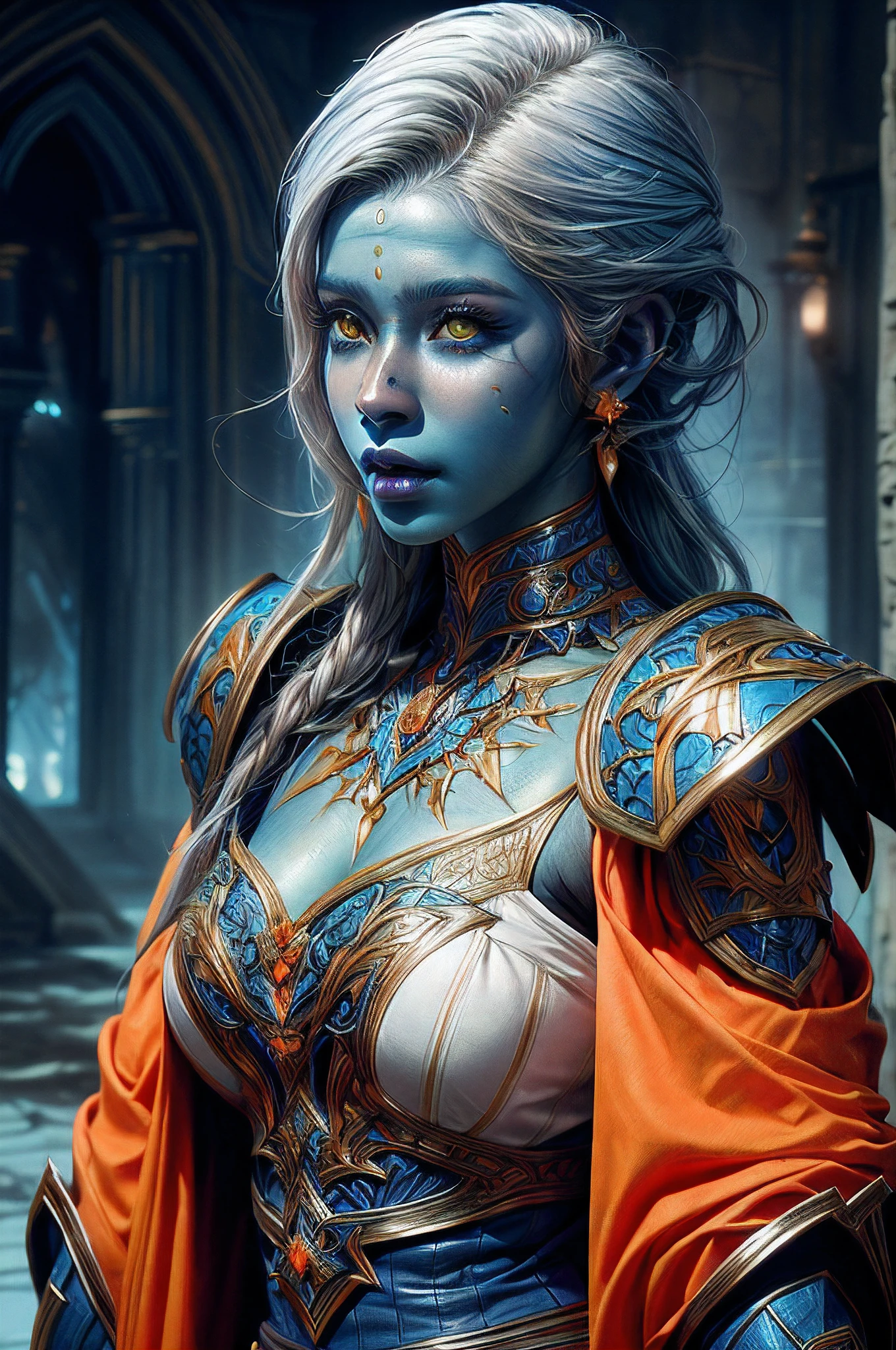 fantasy art, dnd art, RPG art, drkfntasy wide shot, (masterpiece: 1.4) portrait, intense details, highly detailed, photorealistic, best quality, highres, portrait a vedalken female (fantasy art, Masterpiece, best quality: 1.3) (blue colored skin: 1.3), intense details facial details, exquisite beauty, (fantasy art, Masterpiece, best quality)cleric, (blue colored skin: 1.3) 1person blue_skin, (white hair: 1.3), long hair, intense green eye, fantasy art, Masterpiece, best quality) armed a fiery sword red fire, wearing heavy (white: 1.3) half plate mail armor LnF wearing high heeled laced boots, wearing an(orange :1.3) cloak, wearing glowing holy symbol GlowingRunes_yellow, within fantasy temple background, reflection light, high details, best quality, 16k, [ultra detailed], masterpiece, best quality, (extremely detailed), close up, ultra wide shot, photorealistic, RAW, fantasy art, dnd art, fantasy art, realistic art