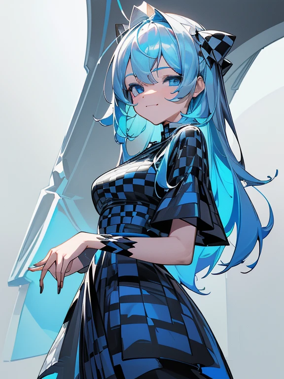 ((​masterpiece、top-quality:1.5、a high chroma:1.5、ultra-detailliert、high-resolution illustrations:1.5、Ultra-high-definition CG、8k size wallpaper、offcial art))、,(highly colorful:1.5),(front view:1.8),(1girl),(Cute little girl s:1.5)、(Shining blue eyes:1.5),(Beautiful face:1.5,Beautiful eyes:1.5)、(close to viewer:1.5),
(forced smile:1.3)、(sexy body),(black and white checkered dress:1.5), (Beautiful black and white dress in every detail),(medium breasts:1.5),,(Shining blue eyes:1.8)、(cowboy shot:1.5)、(),colourful dress ,Fantasy,​​colourfull、
