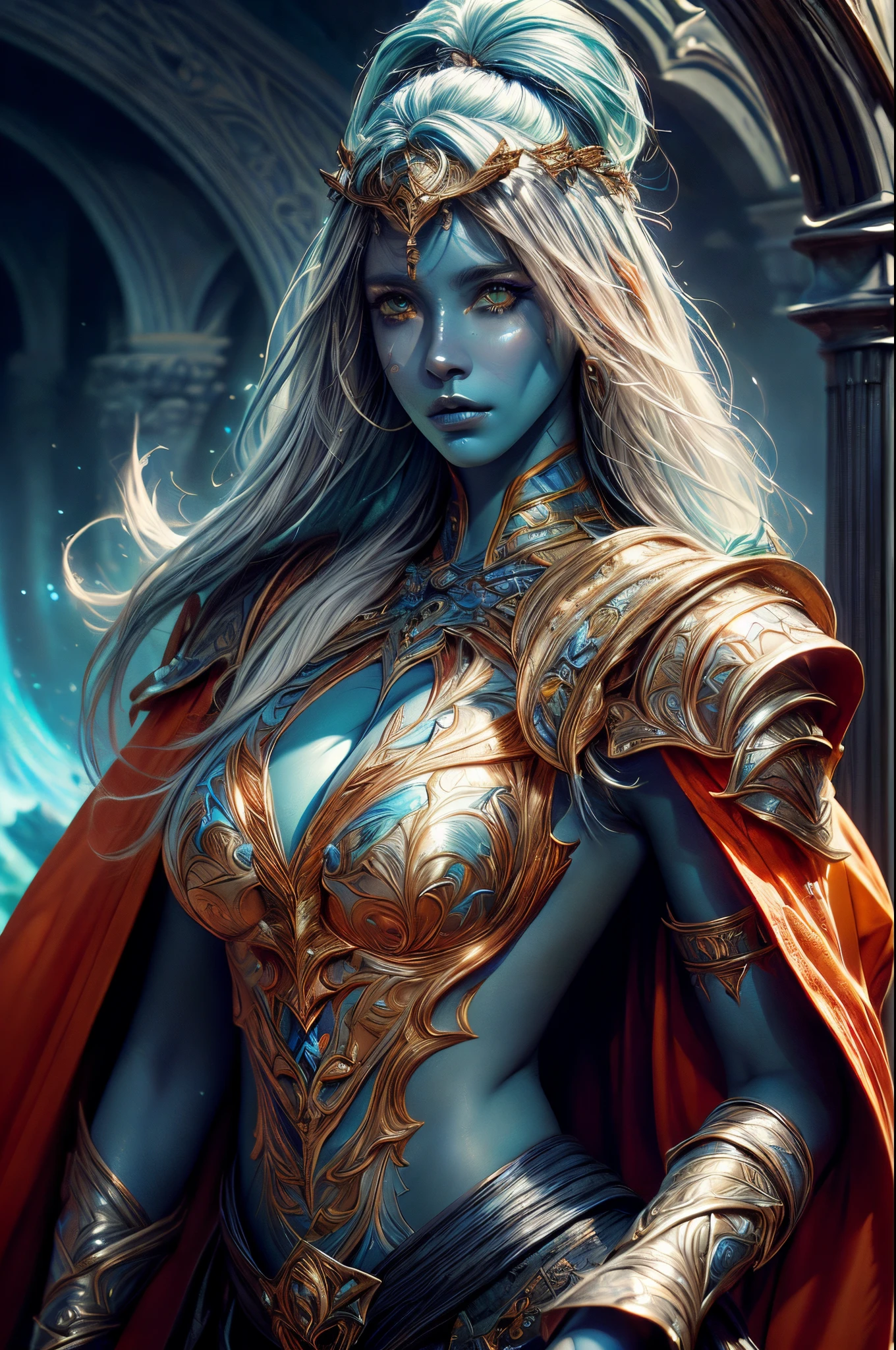 fantasy art, dnd art, RPG art, drkfntasy wide shot, (masterpiece: 1.4) portrait, intense details, highly detailed, photorealistic, best quality, highres, portrait a vedalken female (fantasy art, Masterpiece, best quality: 1.3) (blue colored skin: 1.3), intense details facial details, exquisite beauty, (fantasy art, Masterpiece, best quality)cleric, (blue colored skin: 1.3) 1person blue_skin, (white hair: 1.3), long hair, intense green eye, fantasy art, Masterpiece, best quality) armed a fiery sword red fire, wearing heavy (white: 1.3) half plate mail armor LnF wearing high heeled laced boots, wearing an(orange :1.3) cloak, wearing glowing holy symbol GlowingRunes_yellow, within fantasy temple background, reflection light, high details, best quality, 16k, [ultra detailed], masterpiece, best quality, (extremely detailed), close up, ultra wide shot, photorealistic, RAW, fantasy art, dnd art, fantasy art, realistic art