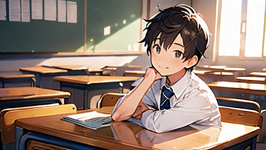 masterpiece, top-quality, 1boy, Otaku high school student, 独奏, white shirt,Being in the classroom