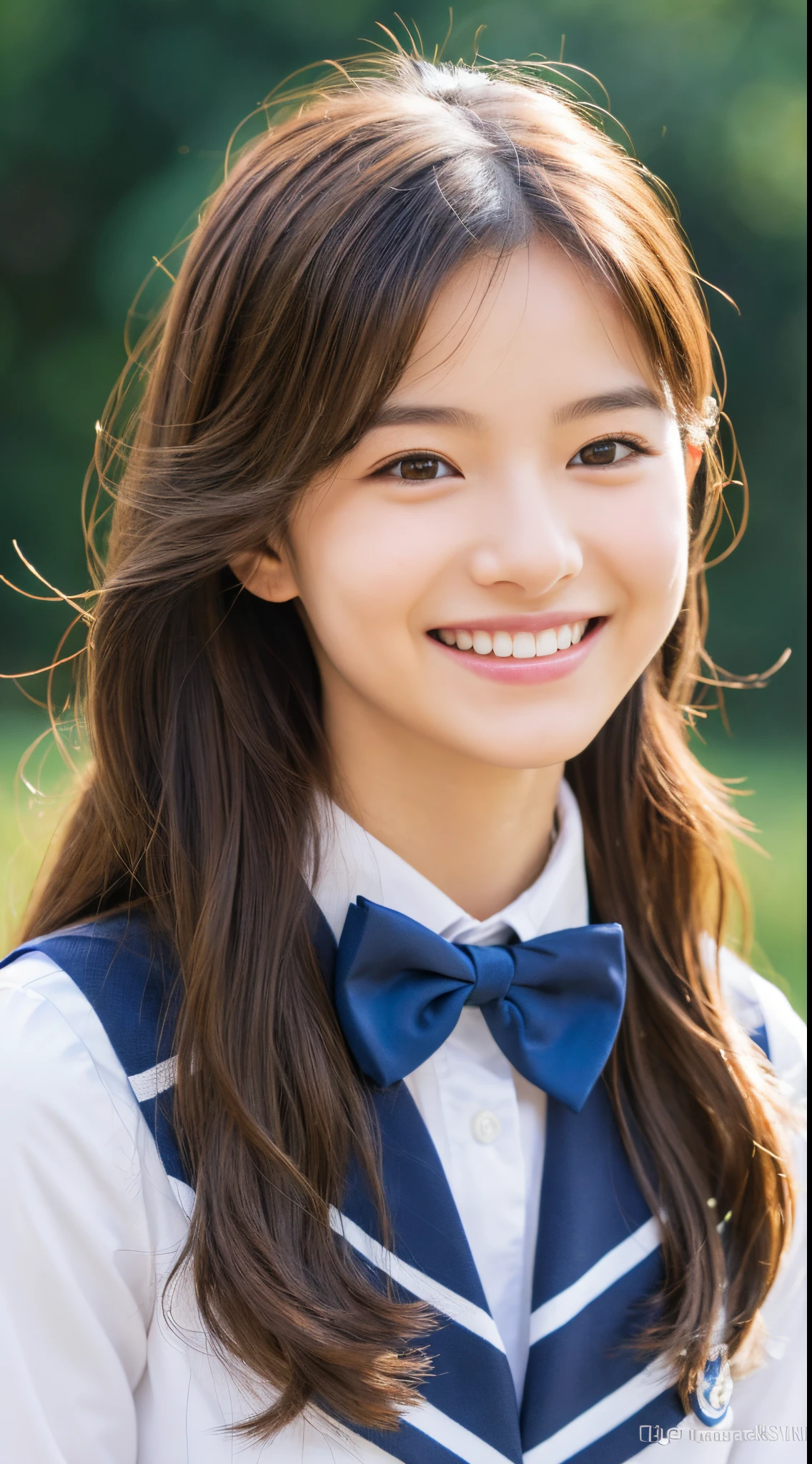 close up of only the face,talking,An amazing smile,beautiful high school girl,school uniform,laughing,tie,bow tie,in school,YKN_Basic2,masterpiece,(realistic:1.2),highly detailed CG unified 8K wallpapers,(HQ skin:1.2),8k uhd,dslr,(high quality),beautiful and detailed eyes,attractive,ultra-high resolution,(ultra-realistic:1.3),high-definition,(bursting smile:1.3),beautiful long wavy dark brown hair,17 year old very beautiful girl,