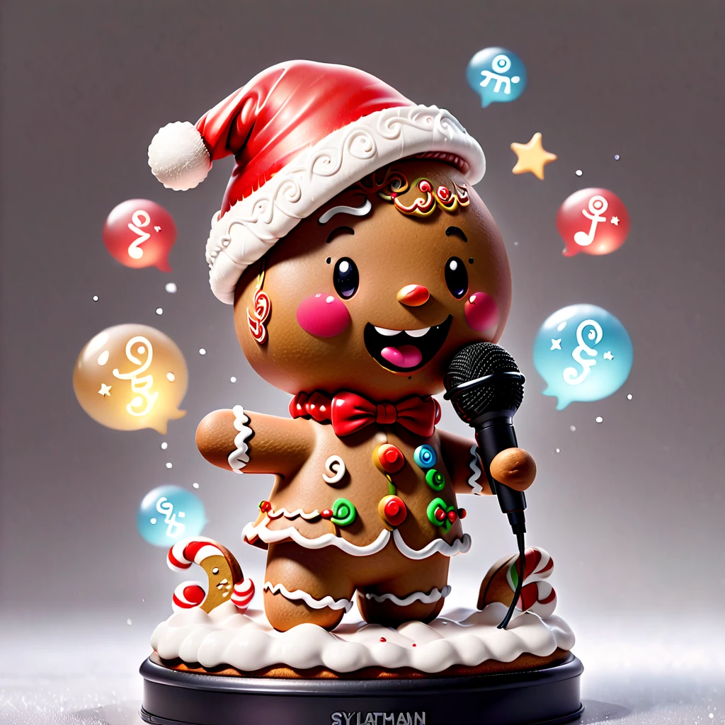 chalk gray style, ((1 glowing magical cute gingerbread man wearing a Santa hat))，((Singing with a microphone)), ((Syllable symbols floating in the air))，Christmas elements，Snowy days，8K,Irridescent color, kawaii, cute big breasts, number art, high qulity, The is very detailed, 3Drenderingof，vivd colour，Minimalist style，Disney  style，translucent