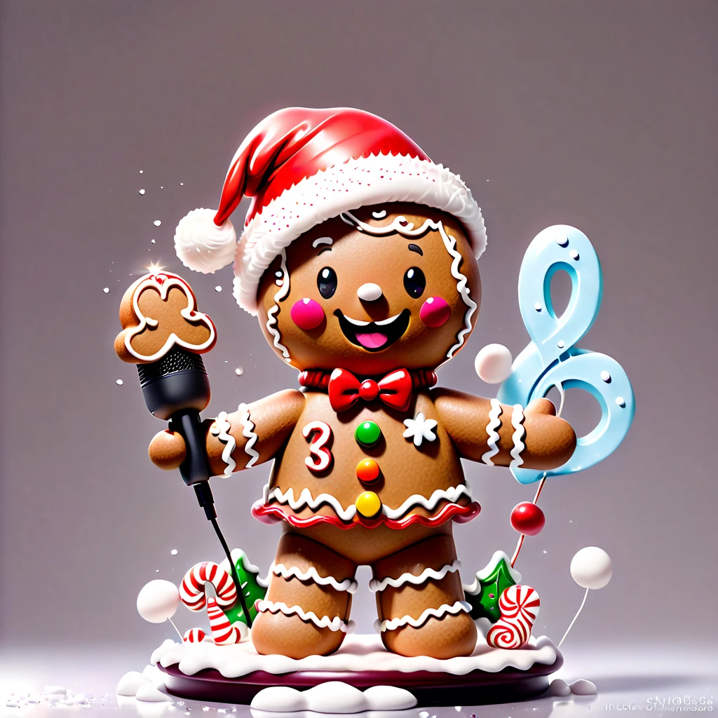 chalk gray style, ((1 glowing magical cute gingerbread man wearing a Santa hat))，((Singing with a microphone)), ((Syllable symbols floating in the air))，Christmas elements，Snowy days，8K,Irridescent color, kawaii, cute big breasts, number art, high qulity, The is very detailed, 3Drenderingof，vivd colour，Minimalist style，Disney  style，translucent