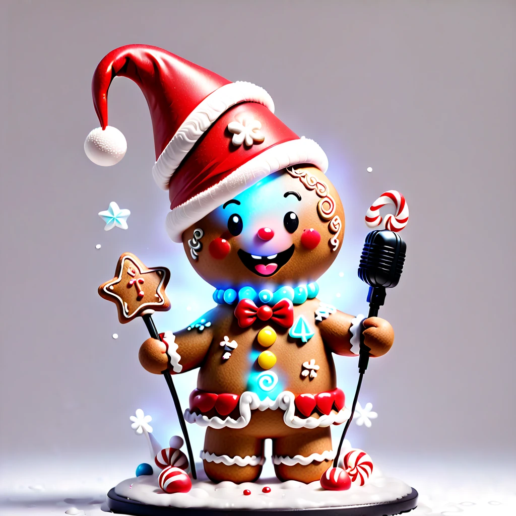 chalk gray style, ((1 glowing magical cute gingerbread man wearing a Santa hat))，((Singing with a microphone)), ((Syllable symbols floating in the air))，Christmas elements，Snowy days，8K,Irridescent color, kawaii, cute ???????????, number art, high qulity, The is very detailed, 3Drenderingof，vivd colour，Minimalist style，Disney  style，translucent