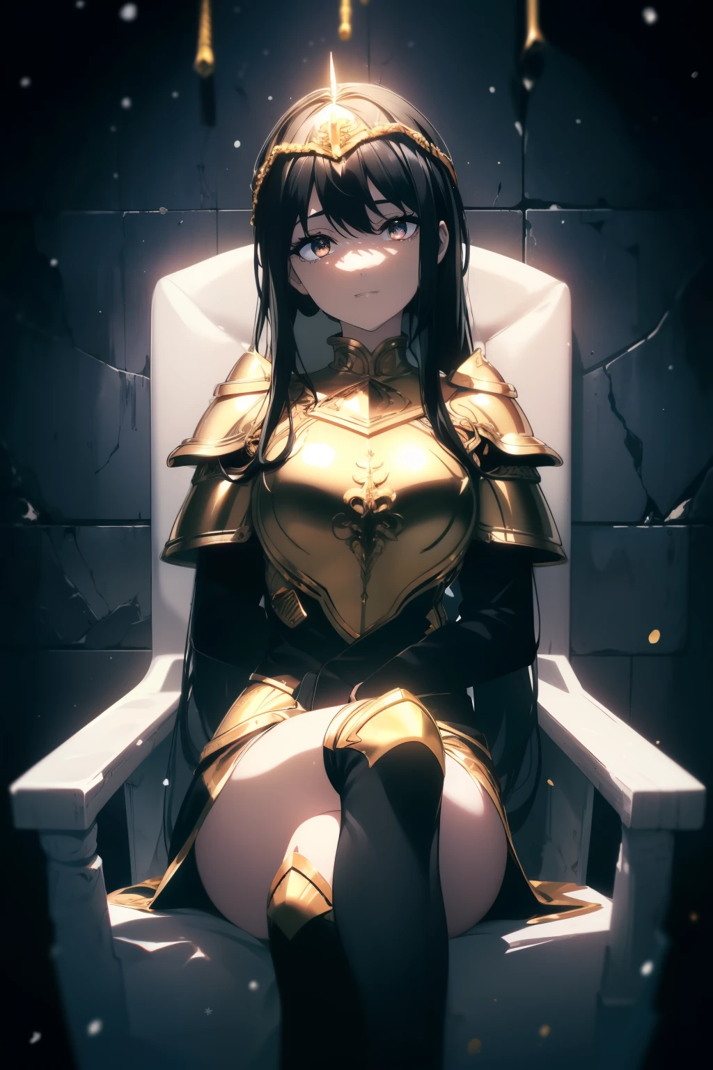 ((Obra maestra, La mejor calidad, ultrahigh resolution)), 1girl, (((throne, sitting on throne))), ((((soldier, clad in golden steel armor, golden plate armor)))), (((wearing golden roman helmet, closed golden roman helmet))), (((fierce))), (((black hair, dark black hair))), long hair cut, pale skin, ((brown eyes)), glowing_eyes, neon eyes, (ultra detailed eyes:0.7, beautiful and detailed face, detailed eyes:0.9), ((centered)), smile, ((wide shot)), facing viewer, eye level, ((vibrant background, snowy landscape, cityscape, snowing, snow)), flat chested, looking at viewer, ((half closed eyes)), ((perfect hands)), (((head:1, arms, hips, elbows, in view))), ((hands behind back)), empty eyes, beautiful lighting, outside, outdoors, background, defined subject, 25 years old, (head tilt)