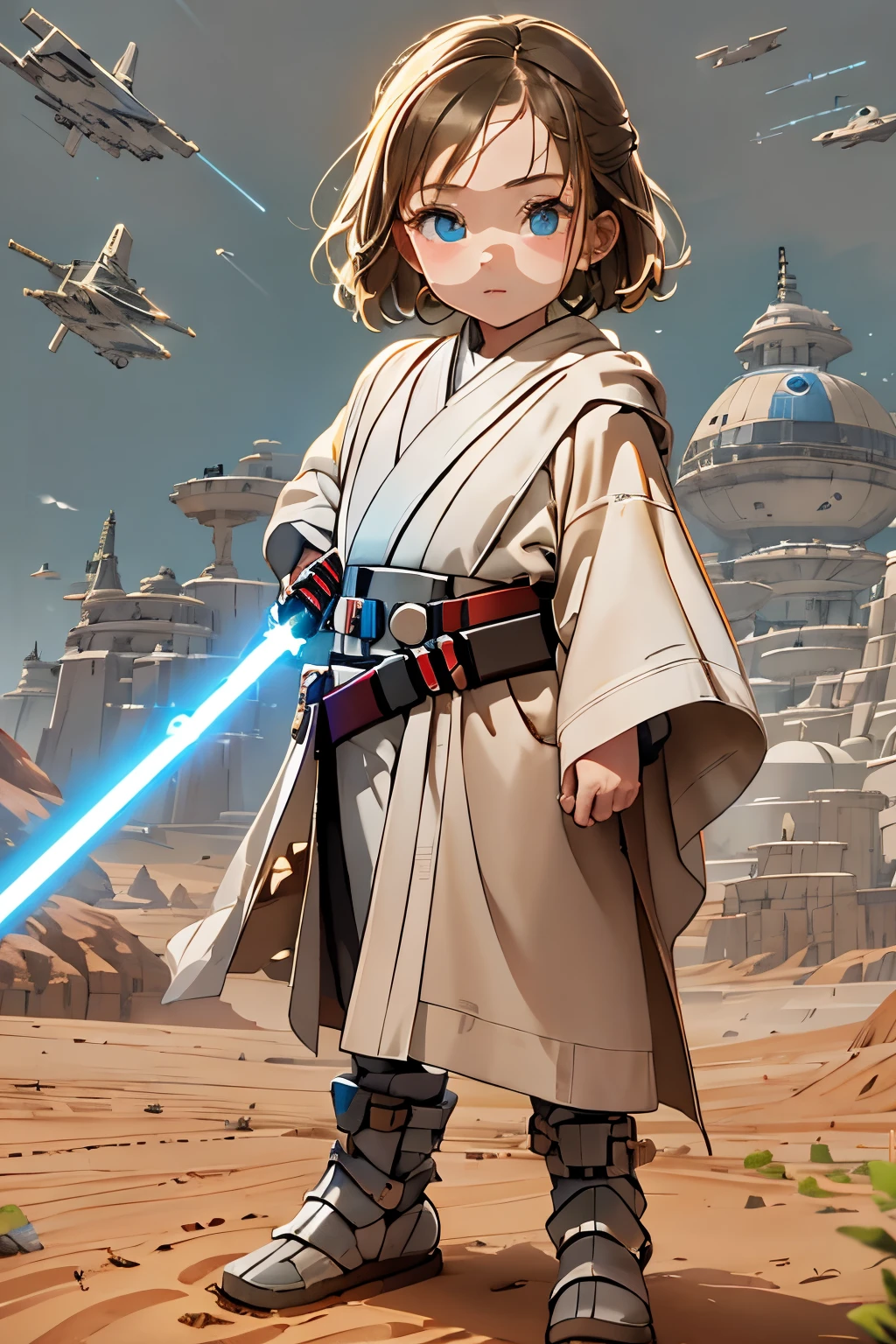 parfect anatomy、Correct delineation、detailed lightsaber、jedi knight、one girls、Cute *********** s、Khaki poncho、Female knight holding a lightsaber、light blue lightsaber、Dark world、StarWars、desert background、top-quality、masuter piece、Cinema Stick、StarWars、