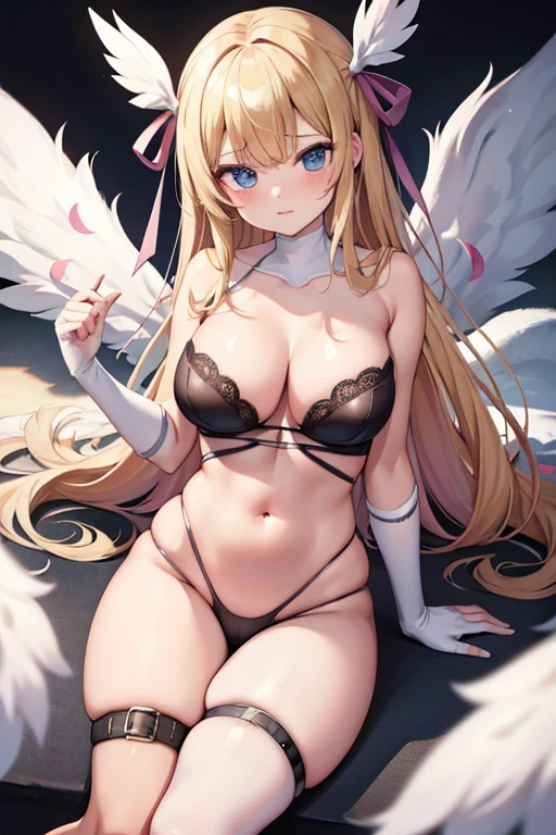 blonde hair, black bra, black lingerie, black underwear, long hair, blue eyes, angel wings,large breasts, bare shoulders, elbow gloves, feathered wings, gloves, head wings, navel, pink ribbon, ribbon, single elbow glove, single glove, thigh strap, wings