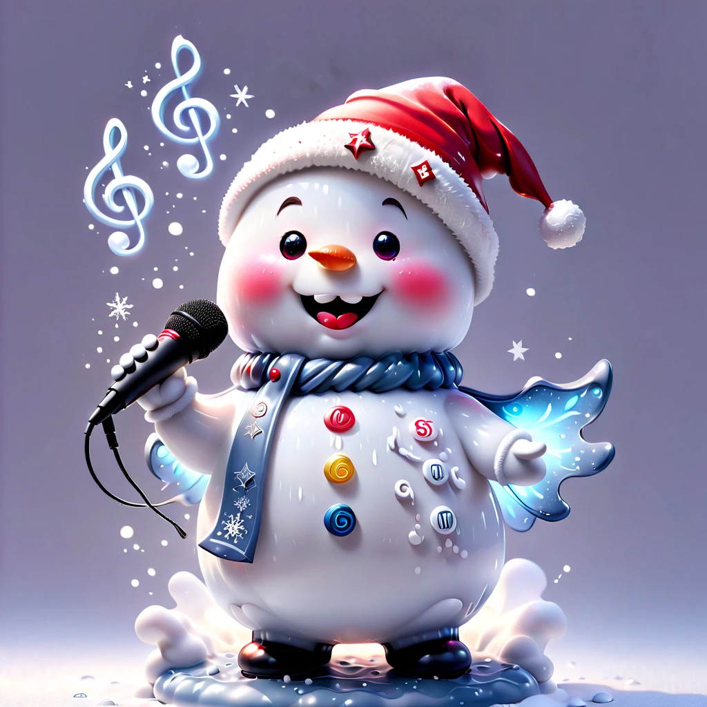 chalk gray style, ((1 glowing magical cute snowman wearing a Santa hat)),((Singing with a microphone)), (((Many syllable symbols are floating in the air))),Christmas elements,Snowy days,8K,Irridescent color, kawaii, cute big breasts, number art, high qulity, The is very detailed, 3Drenderingof,vivd colour,Minimalist style,Disney style,translucent