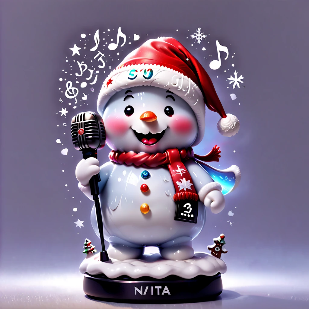 chalk gray style, ((1 glowing magical cute snowman wearing a Santa hat)),((Singing with a microphone)), (((Many syllable symbols are floating in the air))),Christmas elements,Snowy days,8K,Irridescent color, kawaii, cute big breasts, number art, high qulity, The is very detailed, 3Drenderingof,vivd colour,Minimalist style,Disney style,translucent