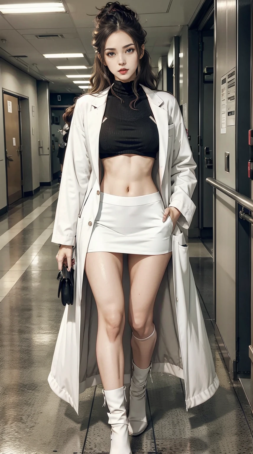 a 25yo woman、Hair color is a gradient color、eye color is brown、Semi-long、hair is wavy、、Hair is tied up、wearing eye shadow and lipstick、accessories on wrist、Slender but well-proportioned muscular body、She wears a white coat over a high-neck zipper-up top.、She is wearing a tight black skirt with a deep slit.、I'm in the hospital hallway、Hands in the pockets of his lab coat