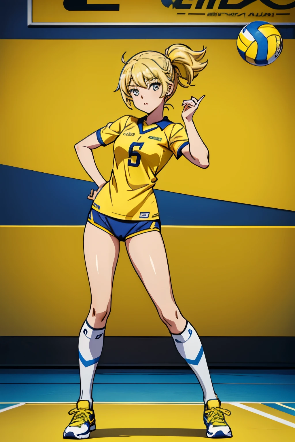 a close up of a woman in a yellow shirt posing for a picture, mika pikazo, dilraba dilmurat, pokimane, gongbi, cosplayer, wearing a volleyball jersey, yan gisuka, lalisa manobal, mai yoneyama, cindy avelino,full body, Short yellow hair