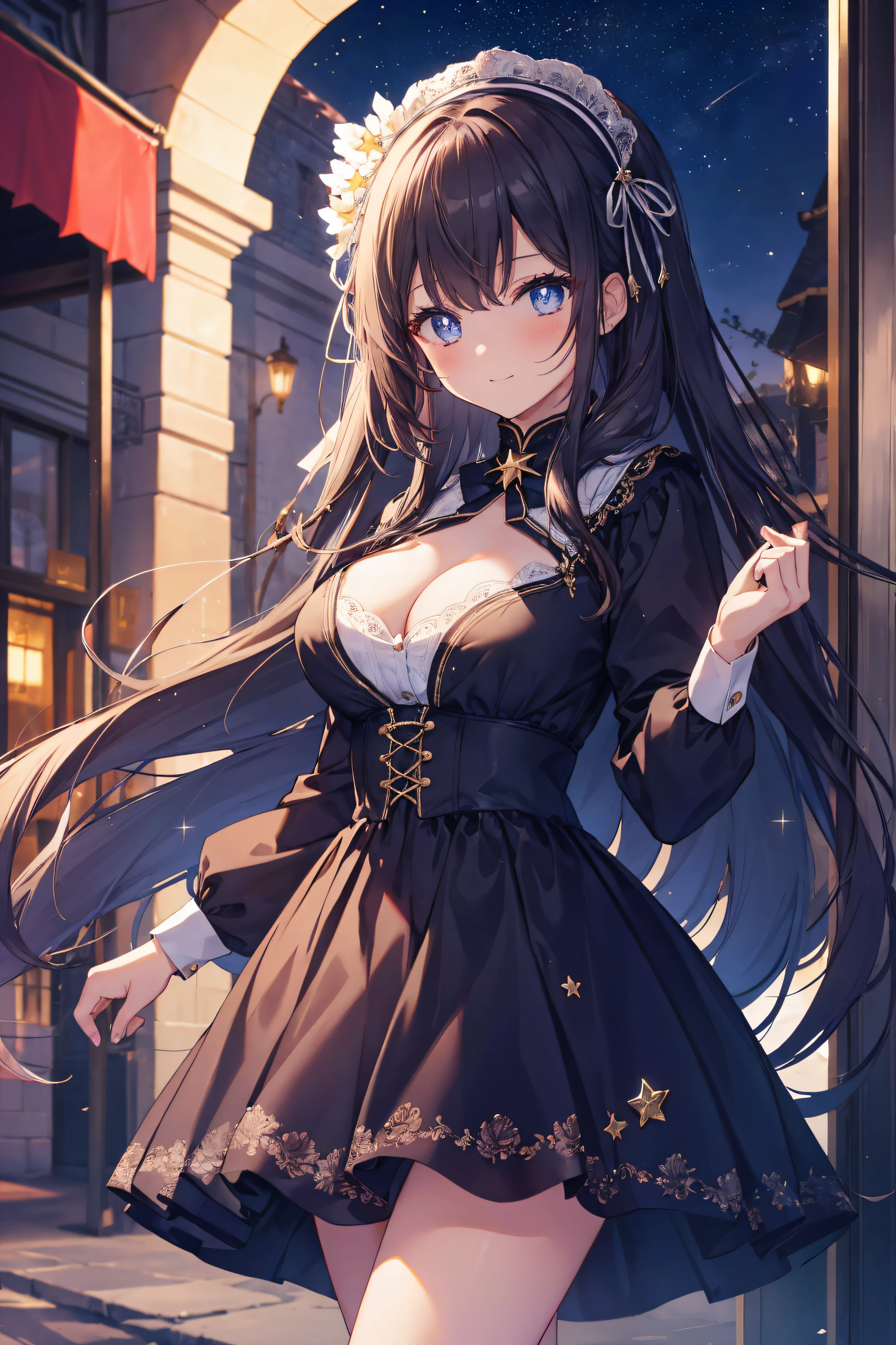 (2filles, cheveux longs élégants, Couleur, detailled eyes, Sparkling pupils, en forme d'étoile chez les pupilles), C-brest, clivage, fille adolescente, tenue in cotton légère mignonne, tenue sensuelle, marcher in the rue médiévale, Stars in the sky, Souriant, bouche ouverte, abus de lumière parasite nocturne, aberration chromatique, High detail, Anime, romantisme, op art, profondeur de champ, Flou de mouvement, glowing light, grain du film, UHD, retina, Precise, Masterpiece, anatomiquement correct, textured skin, super detail, High Details, High quality, award winning, Best quality, high resolucion, 16k