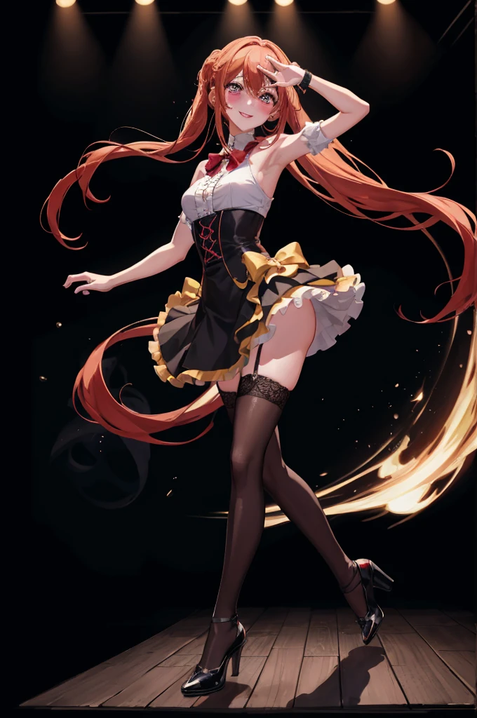 anime, beautiful face, highly detailed face, detailed perfect eyes, perfect hair, perfect lips, accurate arms, accurate hands, perfect legs accurate footware. highly detailed background, front lighting, perfect lighting, full body, 1girl, solo, ruby hoshino, ruby, oshi no ko, heels, blonde hair, thighhighs, stockings, absurdres, high res, ultrasharp, 8K, masterpiece, looking at viewer, (sexy pose:1.5), (full body:1.5), idol outfit, idol, revealing idol, skirt, cleavage, stockings, dynamic pose, full of delight, smiling full of compassion, blushed, on a stage, concert, performing on stage, cute gestures