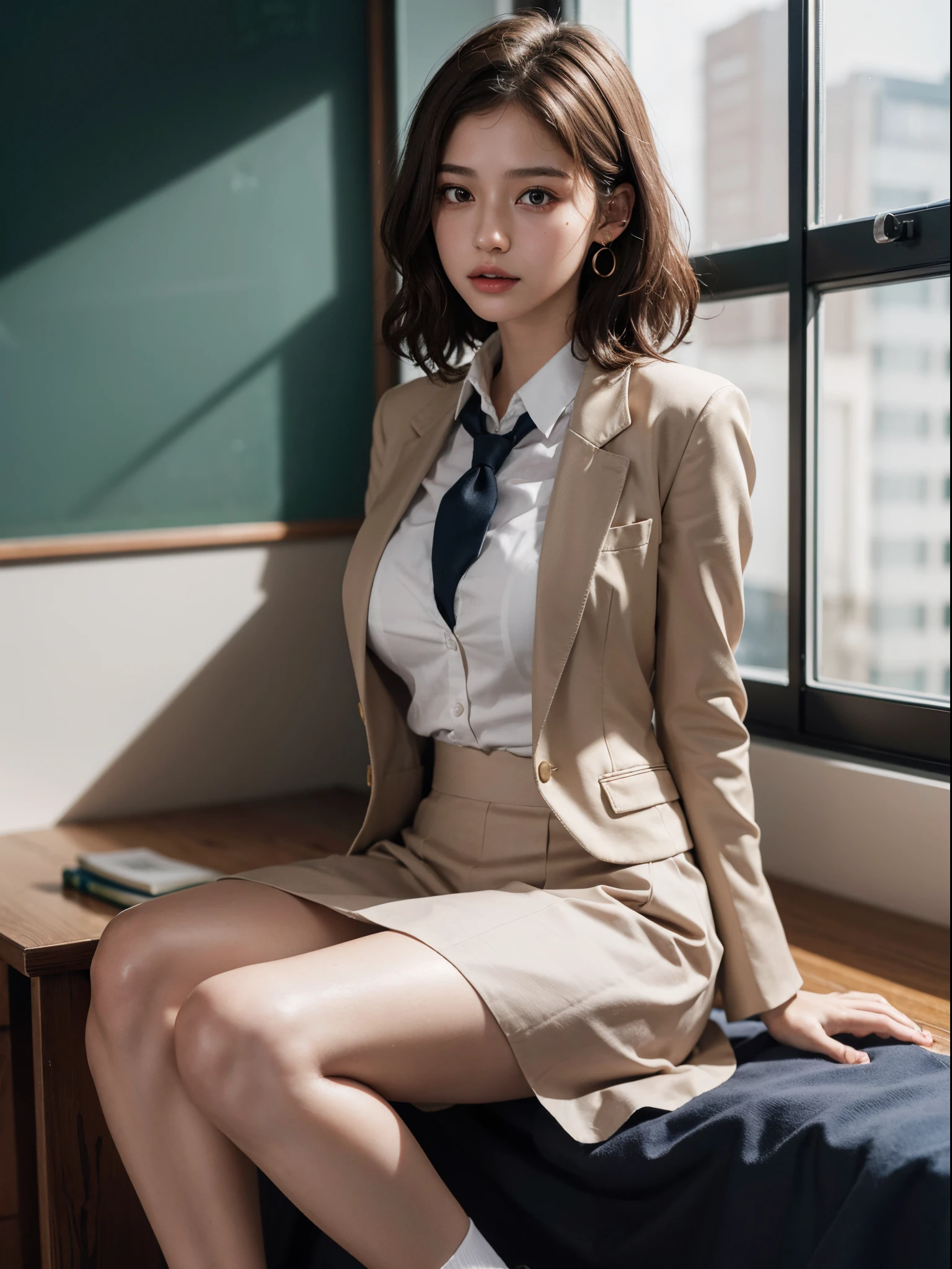 absurdres, RAW photo, extremely delicate and beautiful, masterpiece, Best Quality, ultra high resolution, 16k, hyperrealistic, ultra-detailed, perfect anatomy, super Detailed skin, perfect figure, Very detailed CG 8k wallpaper, in her 20s, very Slim body, narrow waist, very small head, very small face, delicate facial features, tearful mole, earring, thin legs, (very huge round breasts), ((full body shot)), short hair, (wavy hair), light brown hair, 1 girls, ((sweat)), (((school uniform))), (blazer),