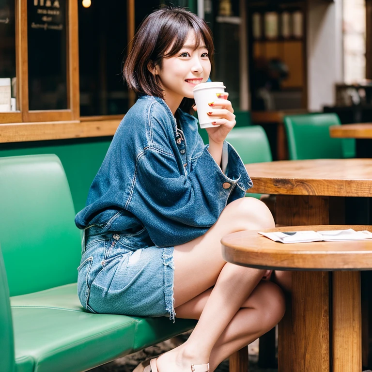 drink coffee during a break。Japanese woman with a relaxed expression。With bob hair、wearing a miniskirt。legs crossed。So that the whole body is shown